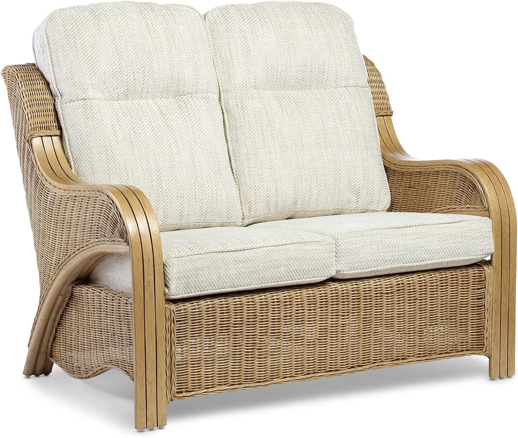 Desser Opera Light Oak Rattan Conservatory Sofa – Cane 2 Seater Sofa with Jasper Fabric Cushions – Indoor Real Wicker Settee with UK Made Cushions - H105cm x W126cm x D96cm