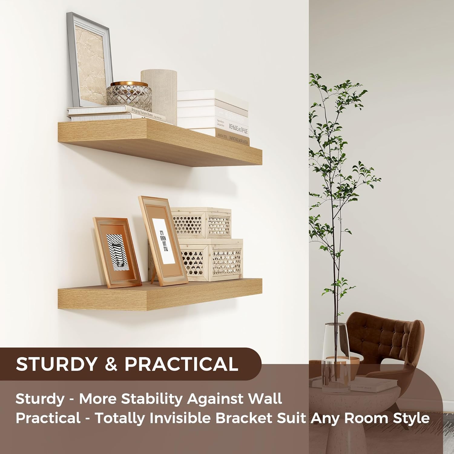Venusmiles Floating Shelves for Wall 24 inch Long, Engineered Wood Wall Shelves with Invisible Brackets for Living Room Bedroom Bathroom Office Kitchen Decor and Storage, Oak Finish, Set of 2