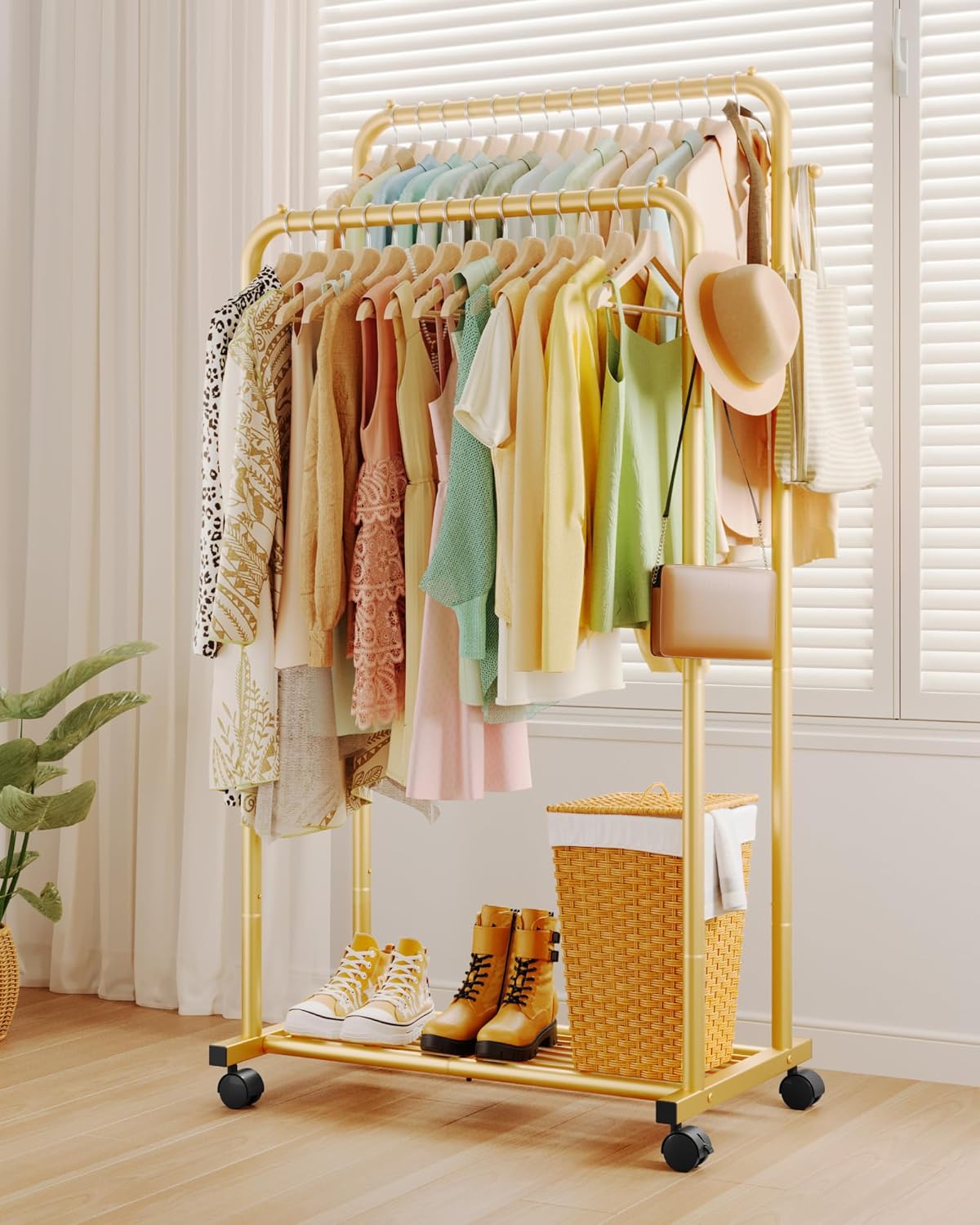 Sakugi Clothes Rail - Double-Rod Rustproof Clothes Rack with Anti-Slip Stoppers, Shoes Shelf and Hooks, Multifunctional Hanging Rack for Laundry, Entryway, Bedroom, Shop, 73 x 42 x 150 cm, Gold