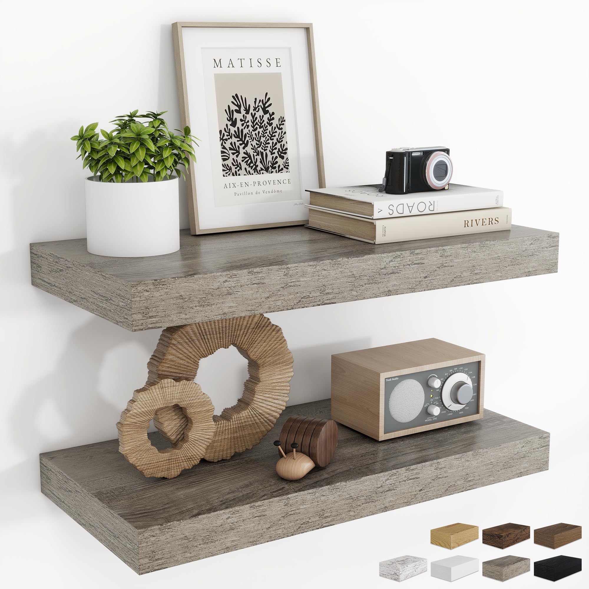 RICHFOCUS 24Inch Floating Shelves for Wall 2 Pack Shelves for Bedroom|Kitchen|Bathroom Wall Mounted Rustic Wood Floating Shelf with Invisible Brackets for Books|Storage|Decor, Oak