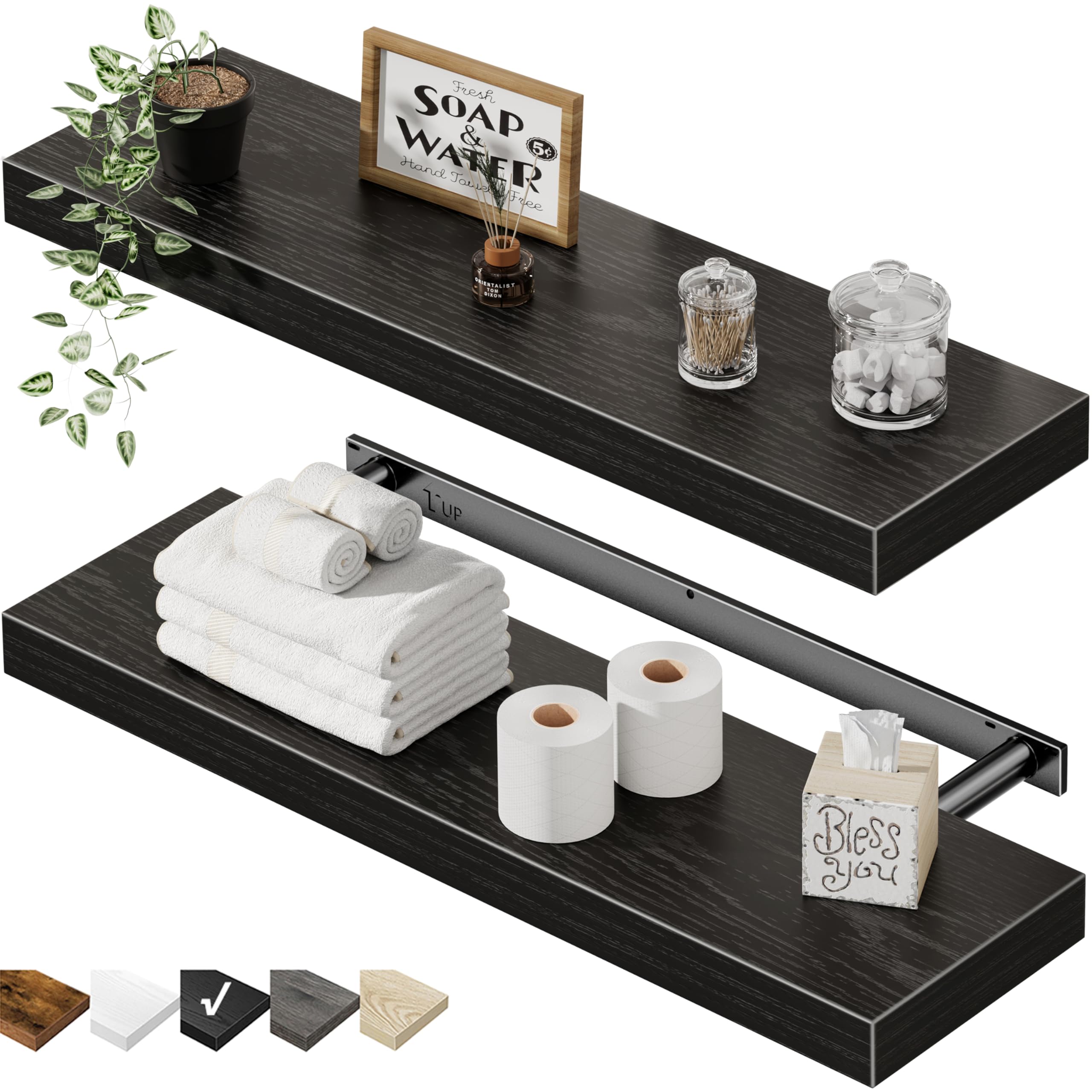 QEEIG Floating Shelves for Wall 23.6" Long - Wall Mounted Shelf Bathroom Kitchen Living Room Bedroom Farmhouse Home Decor Display Bookshelf Set of 2, Rustic Brown (008-60BN)