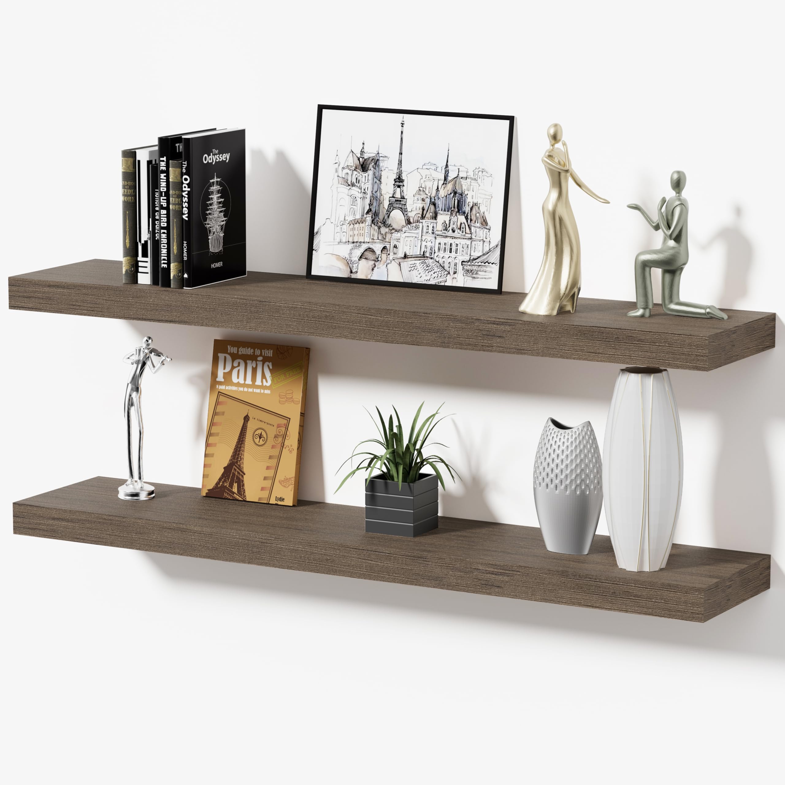 Oak Floating Shelves for Bathroom & Living Room Decor, 24 Inch Rustic Wood Wall Mounted Shelves for Plants, Books, Towels & Storage Display, Set of 2