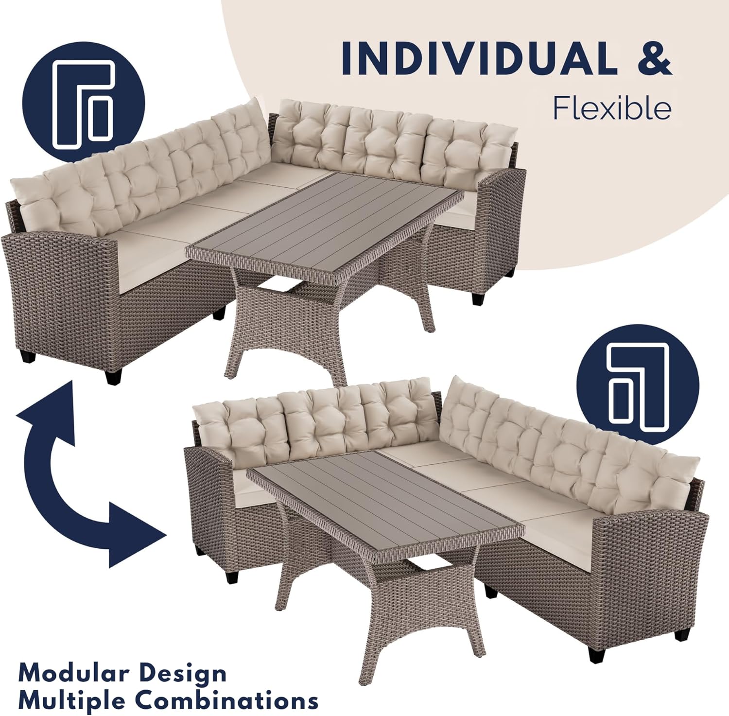 CASARIA® Lisbon Polyrattan Garden Corner Lounge Dining Table Set | Bench WPC Table Top 7cm Thick Seat Cushions | Weatherproof Outdoor Patio Seating Group Garden Furniture | Cream