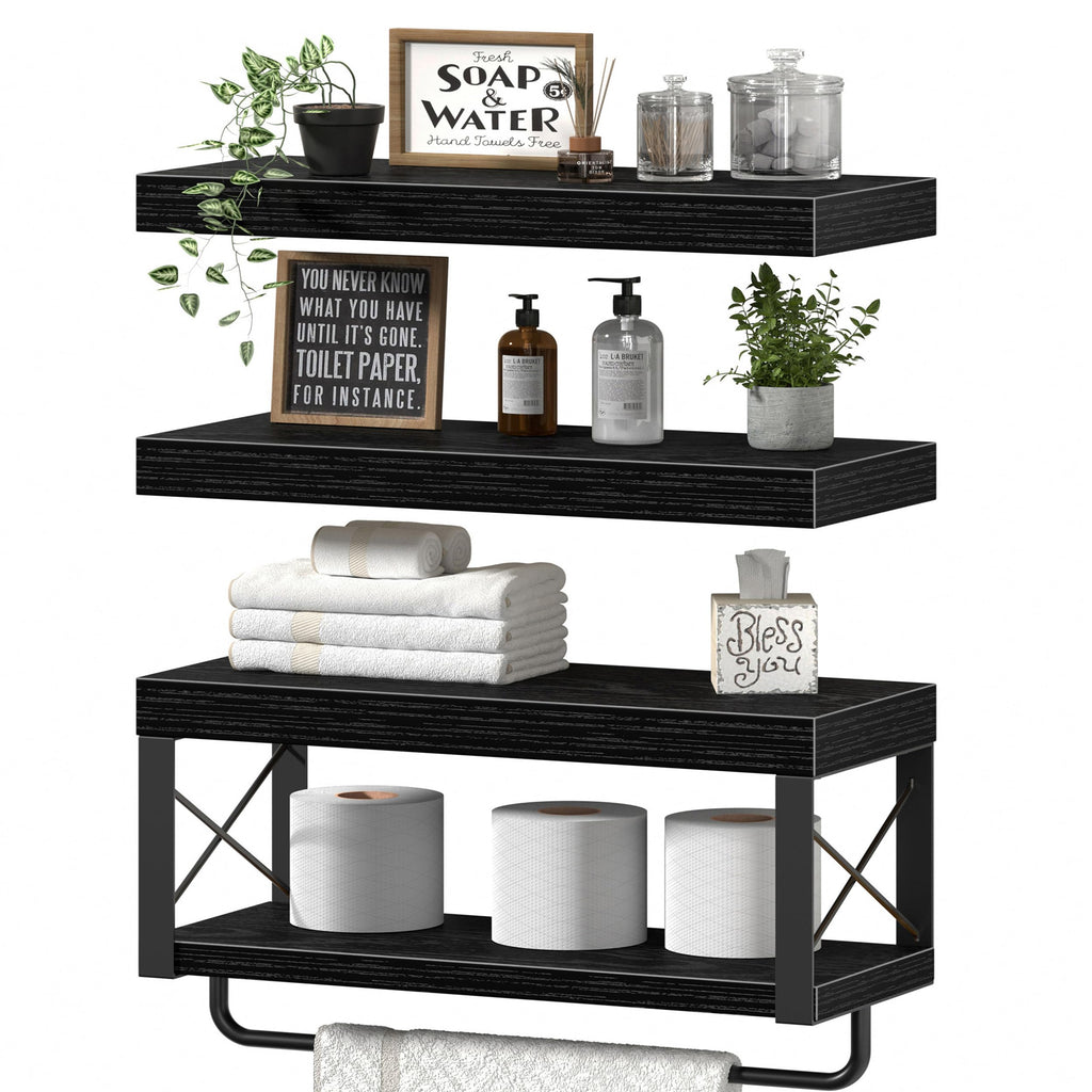 QEEIG Bathroom Shelves Over Toilet - Floating Shelf for Wall Toilet Paper Storage Farmhouse 16 inch Set of 3, Rustic Brown (029-40BN3)