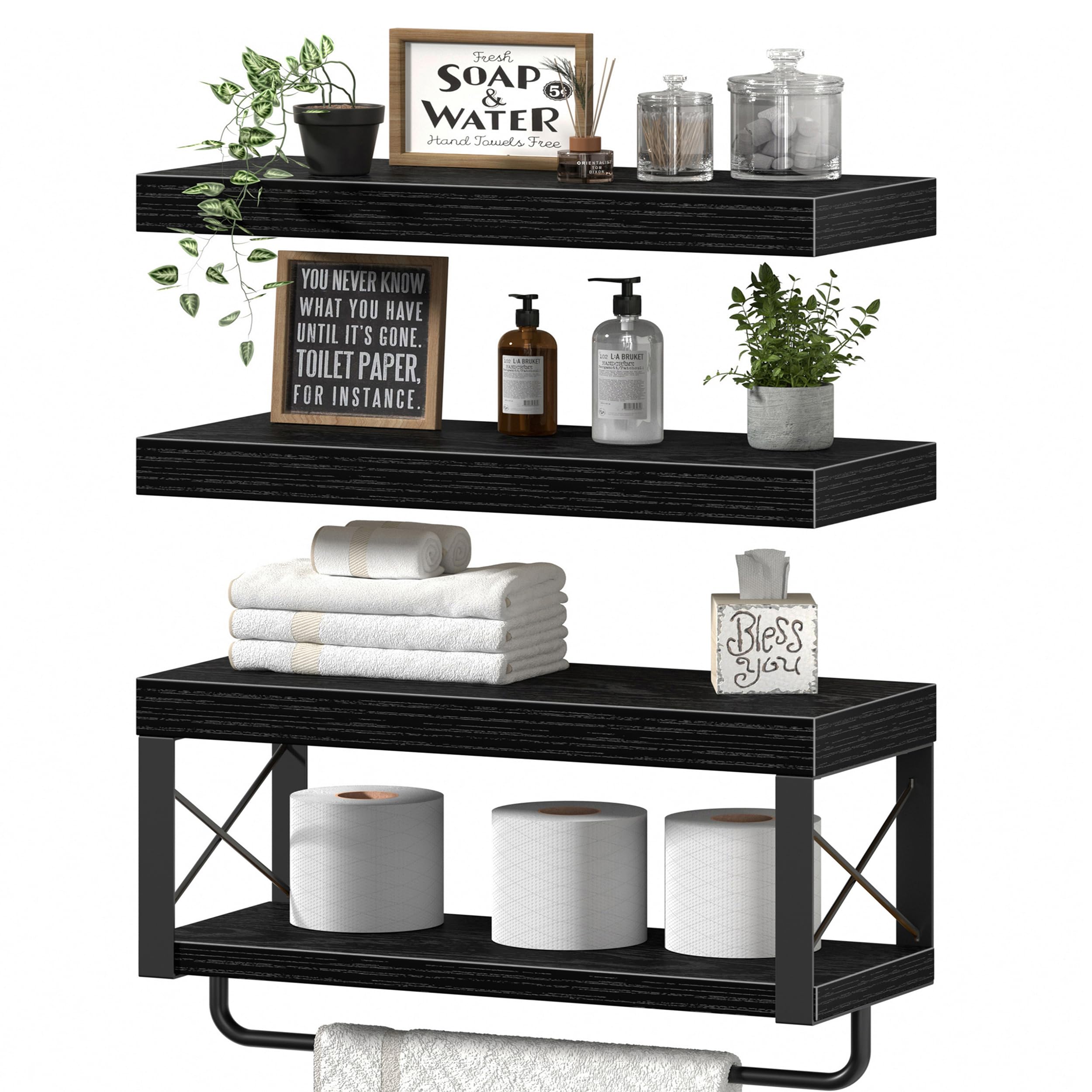 QEEIG Bathroom Shelves Over Toilet - Floating Shelf for Wall Toilet Paper Storage Farmhouse 16 inch Set of 3, Rustic Brown (029-40BN3)