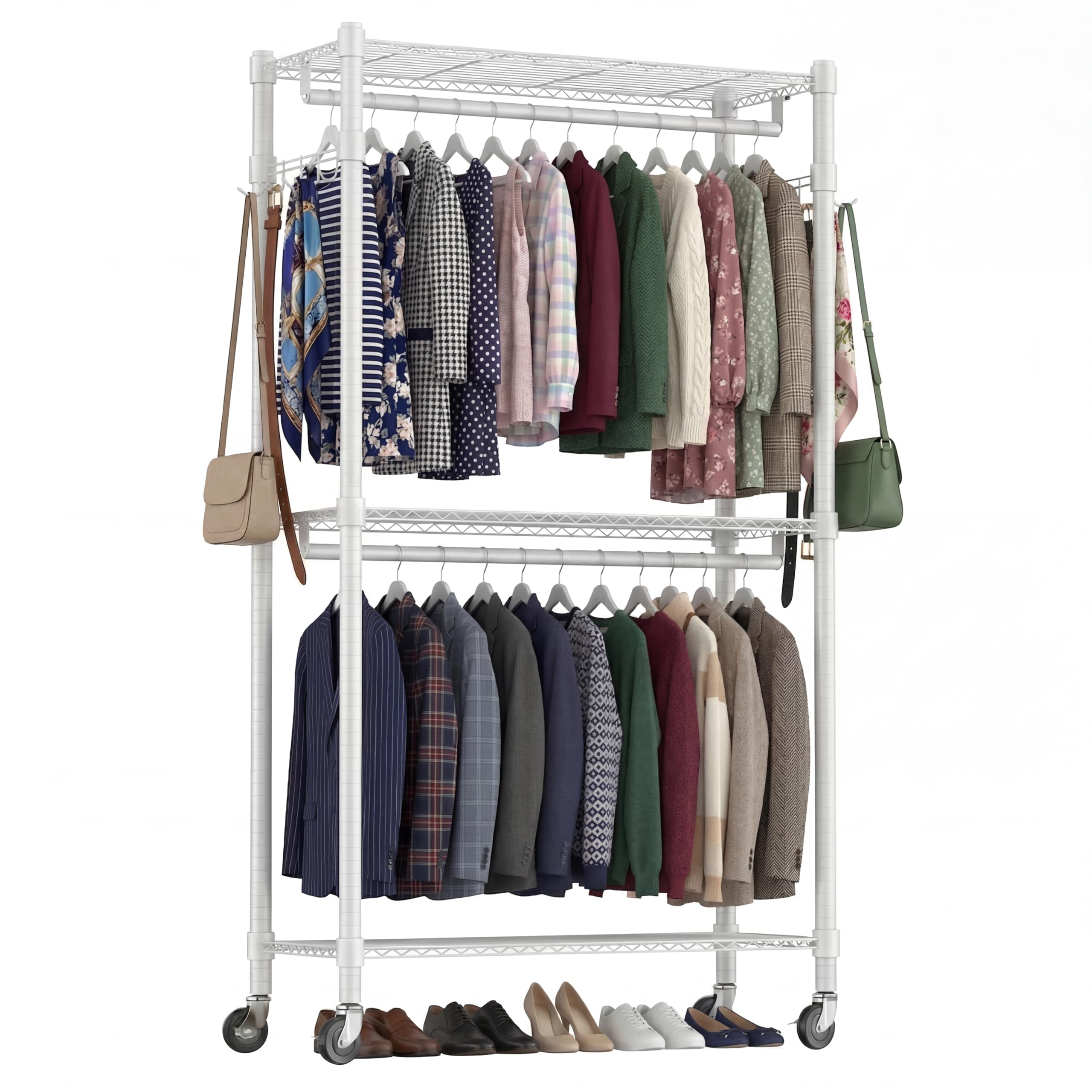 Himimi Double Rod Garment Rack/3 tier Clothes Rail with Height-Adjustable Shelves, Heavy Duty Clothes Rack with 2 Hooks, Clothes Rails with Wheels, 90 * 42 * 205cm, Grey