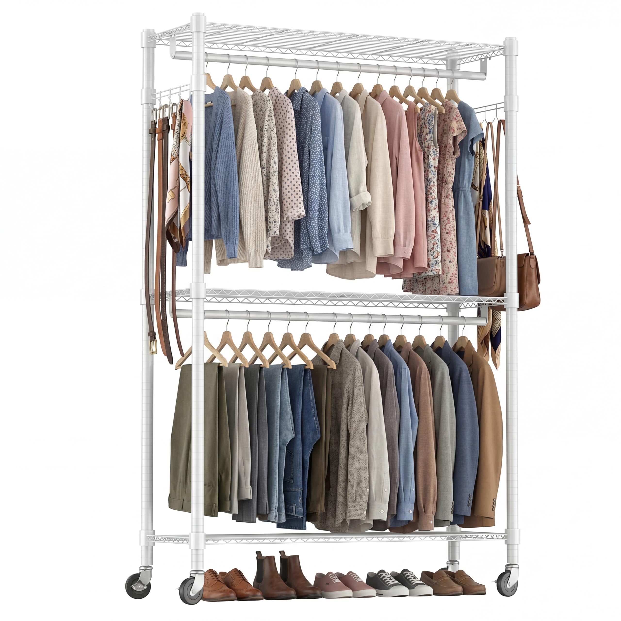 Himimi Double Rod Garment Rack/3 tier Clothes Rail with Height-Adjustable Shelves, Heavy Duty Clothes Rack with 2 Hooks, Clothes Rails with Wheels, 90 * 42 * 205cm, Grey