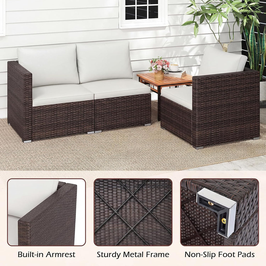 COSTWAY 3-Seater Garden Rattan Sofa, 3-Piece Sectional Patio Sofa Couch with Thick Cushions and Armrests, All-Weather Wicker Weave Outdoor Seating Bench Furniture (Mixed Brown+Off White, 193x67x61cm)