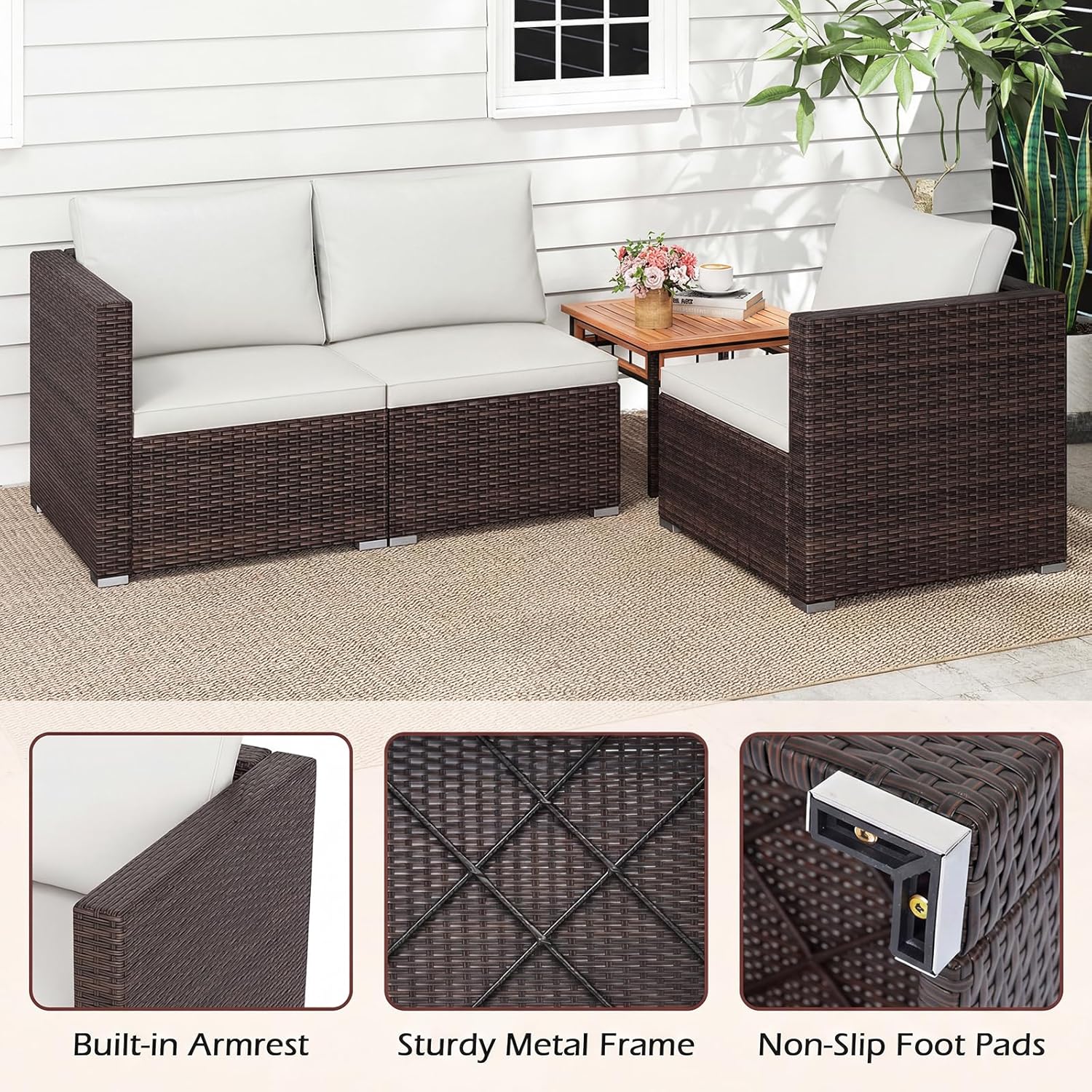 COSTWAY 3-Seater Garden Rattan Sofa, 3-Piece Sectional Patio Sofa Couch with Thick Cushions and Armrests, All-Weather Wicker Weave Outdoor Seating Bench Furniture (Mixed Brown+Off White, 193x67x61cm)