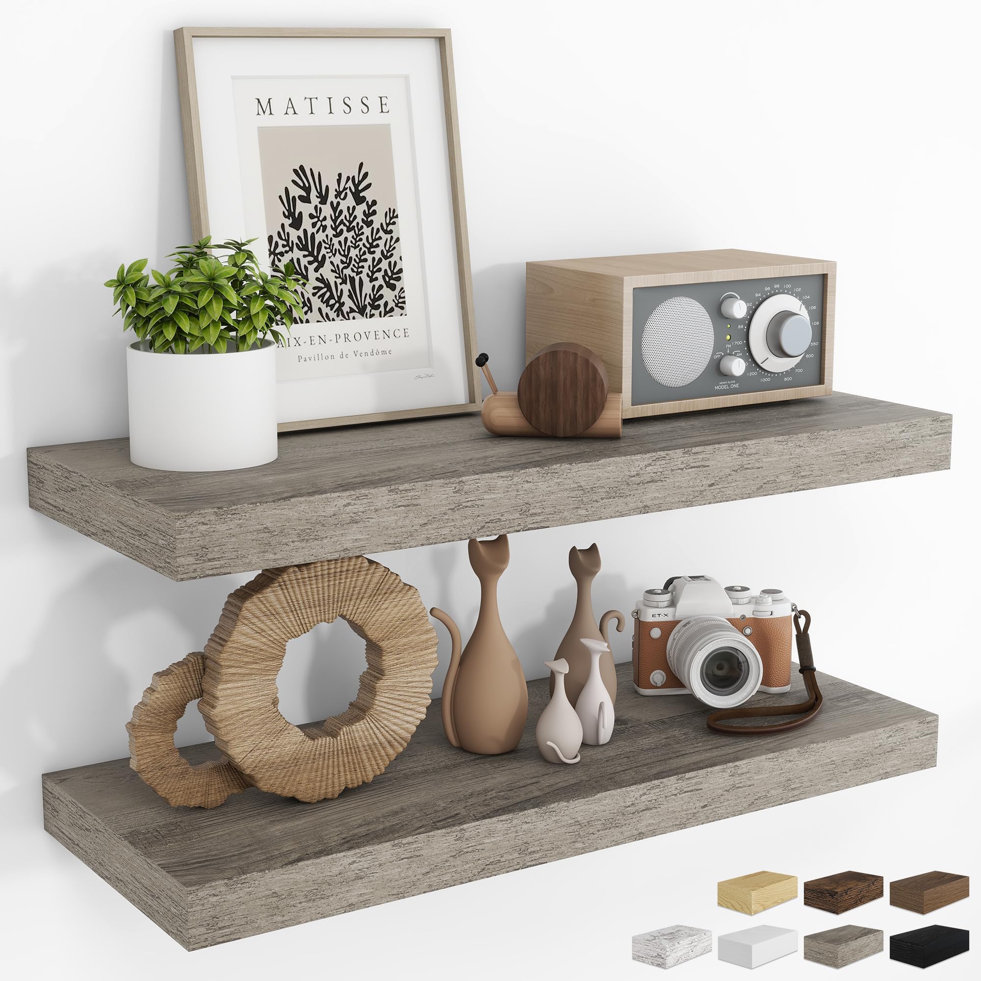 RICHFOCUS 24Inch Floating Shelves for Wall 2 Pack Shelves for Bedroom|Kitchen|Bathroom Wall Mounted Rustic Wood Floating Shelf with Invisible Brackets for Books|Storage|Decor, Oak
