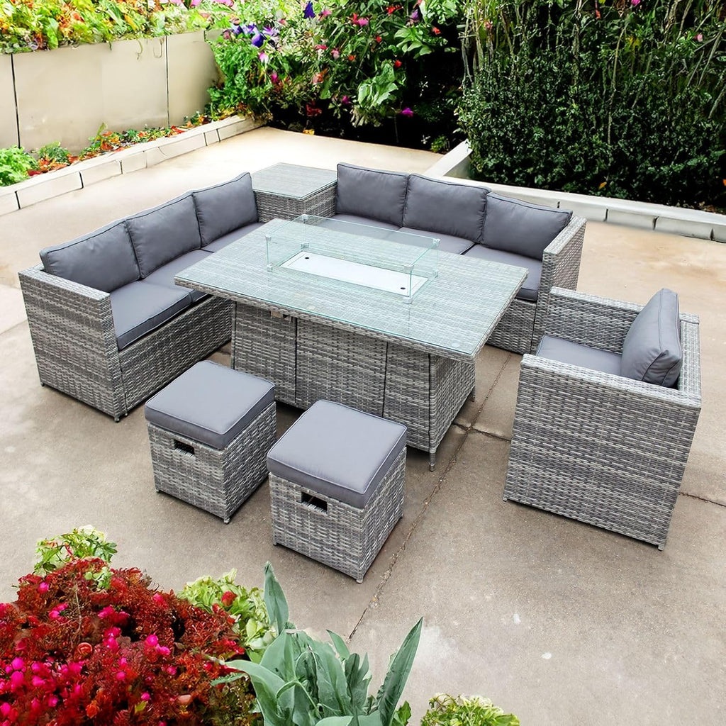 Oseasons Malta Rattan 9 Seat Firepit U-Shape Sofa Set in Mixed Grey - Luxury Deep Seated Outdoor Lounge Set with Grey Cushions and Integrated Fire Pit, Free Rain Cover