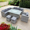 Oseasons Malta Rattan 9 Seat Firepit U-Shape Sofa Set in Mixed Grey - Luxury Deep Seated Outdoor Lounge Set with Grey Cushions and Integrated Fire Pit, Free Rain Cover