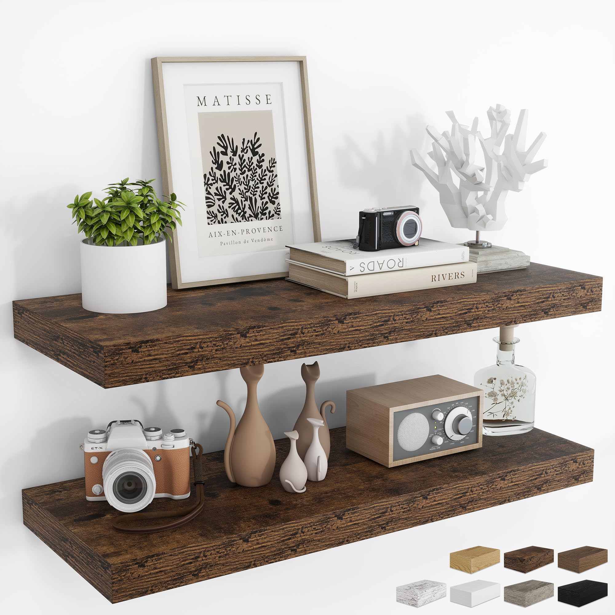 RICHFOCUS 24Inch Floating Shelves for Wall 2 Pack Shelves for Bedroom|Kitchen|Bathroom Wall Mounted Rustic Wood Floating Shelf with Invisible Brackets for Books|Storage|Decor, Oak