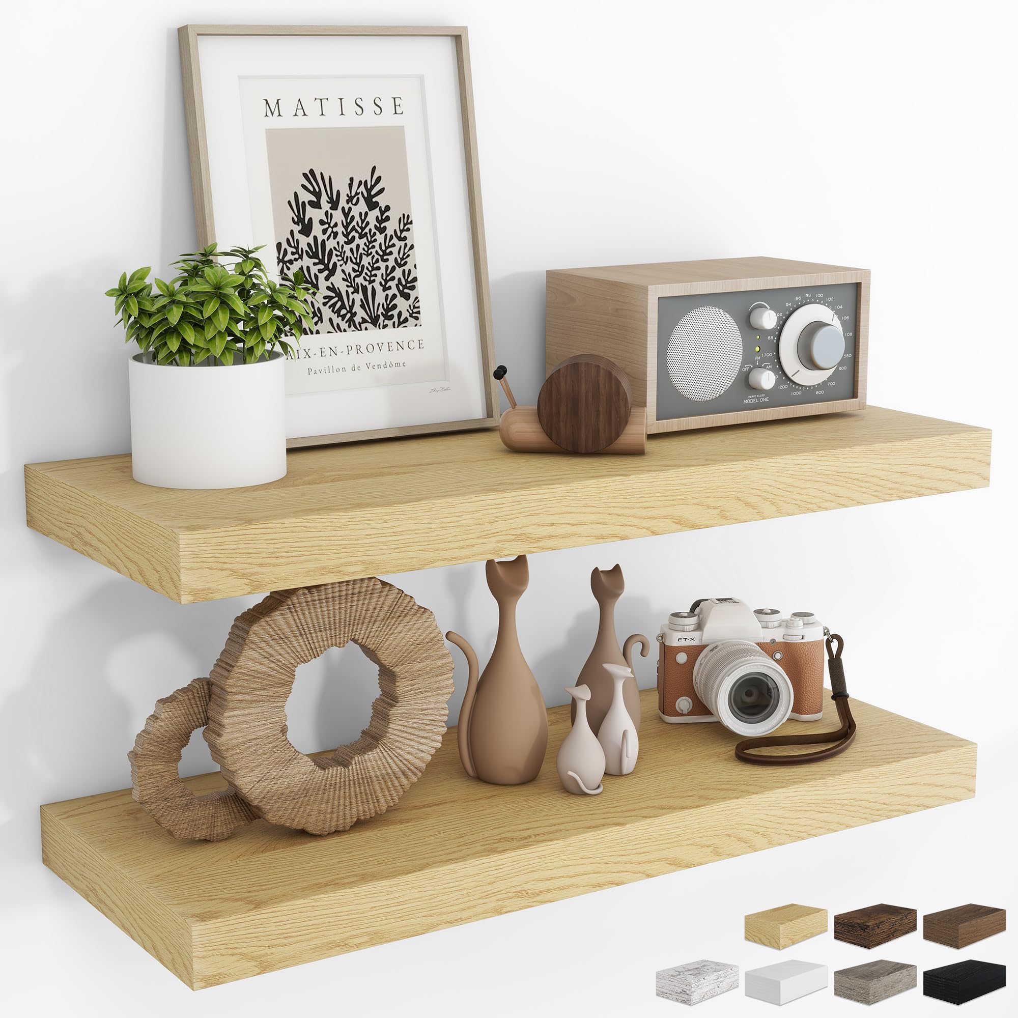 RICHFOCUS 24Inch Floating Shelves for Wall 2 Pack Shelves for Bedroom|Kitchen|Bathroom Wall Mounted Rustic Wood Floating Shelf with Invisible Brackets for Books|Storage|Decor, Oak