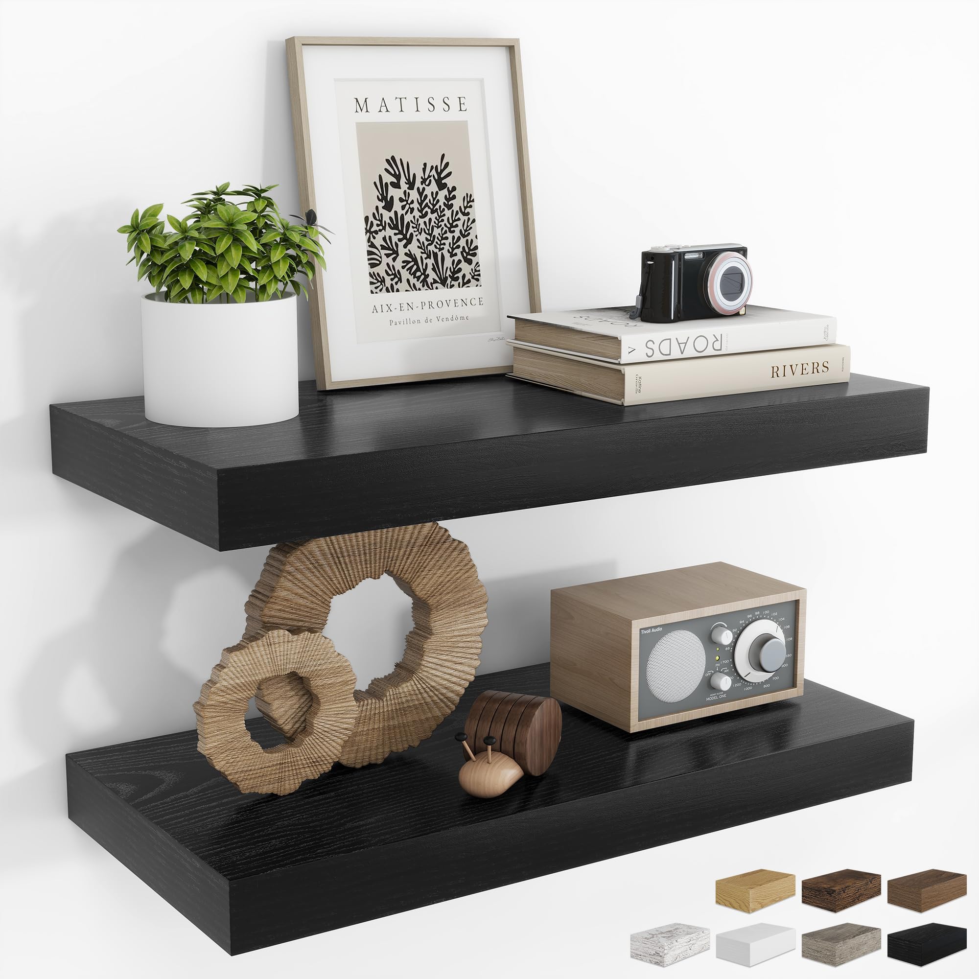 RICHFOCUS 24Inch Floating Shelves for Wall 2 Pack Shelves for Bedroom|Kitchen|Bathroom Wall Mounted Rustic Wood Floating Shelf with Invisible Brackets for Books|Storage|Decor, Oak