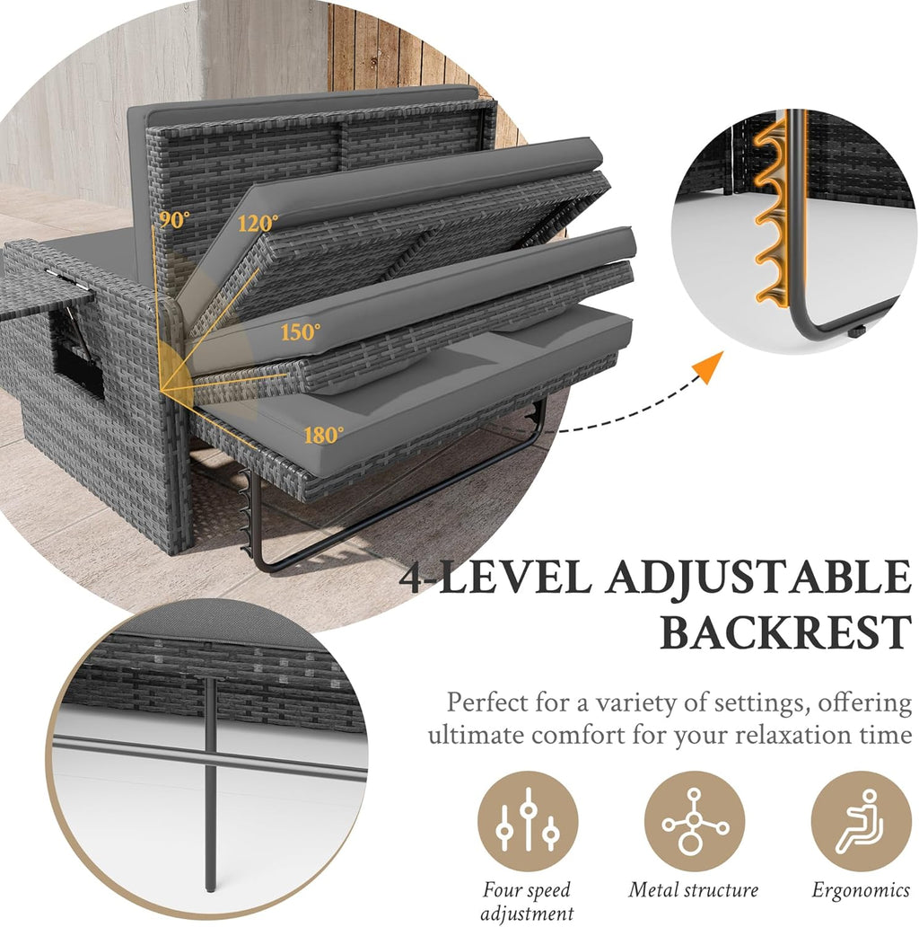 Amopatio Rattan Daybed Garden Furniture Set, Outdoor Loveseat Sofa with Storage Ottoman, Sunbed Sofa Set with Cushions/Adjustable Backrest/Retractable Trays for Balcony, Patio, Grey
