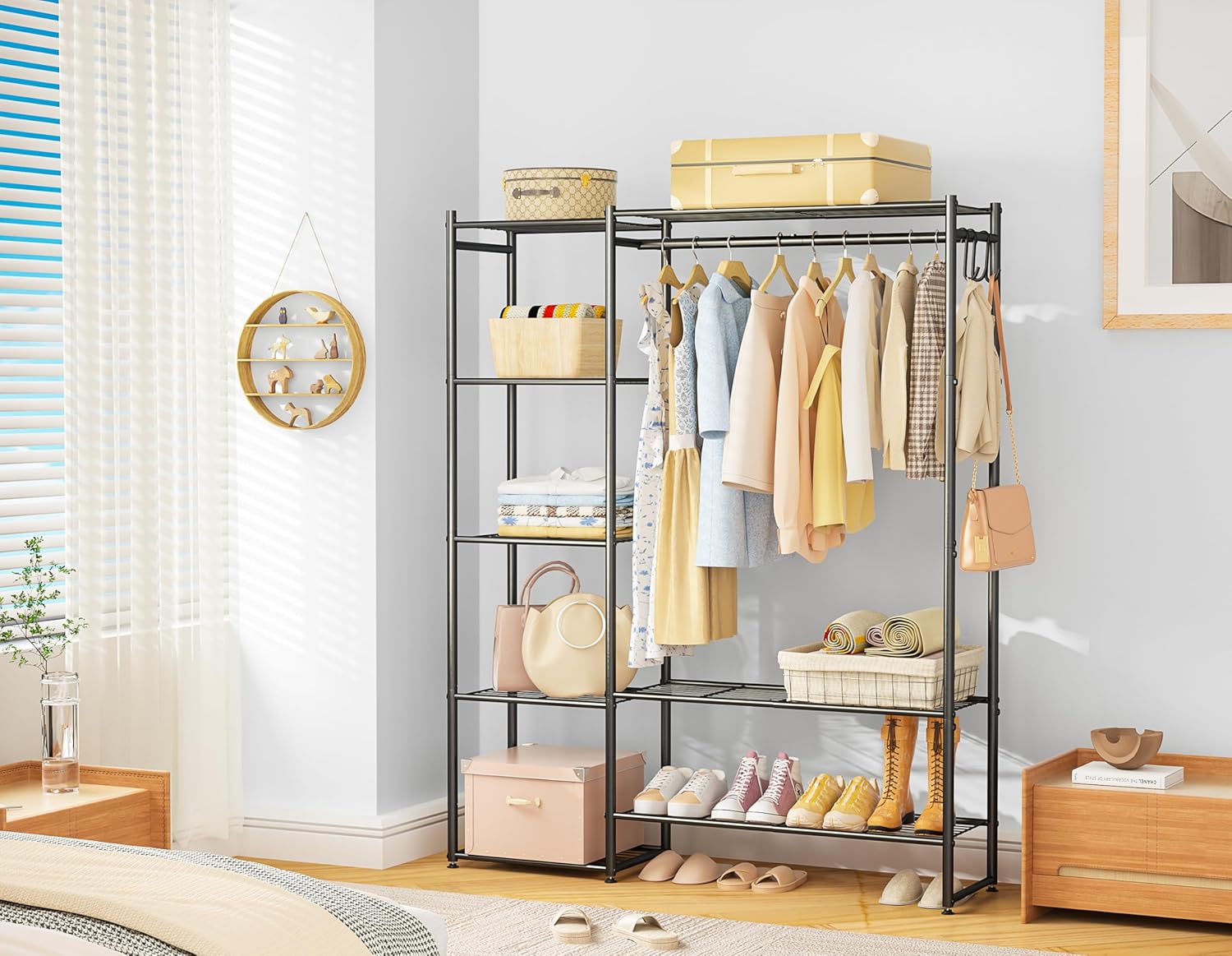 Neprock Clothes Rails for Bedroom, FreeStanding Open Wardrobe Closet with Hanging Rail, 4 Storage Shelves, 3 Hooks and 2 Bottom Shelves, Portable Metal Clothing Rack for Shoe and Clothes Storage,Black
