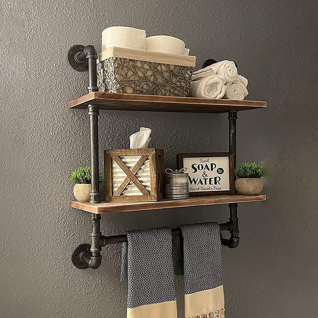 MBQQ Shelving Bathroom Pipe Shelves with Towel Bar Over Toilet, 24 inch Pine Wood Floating Shelves for Wall Mounted Bedroom,Kitchen, Farmhouse, Living Room