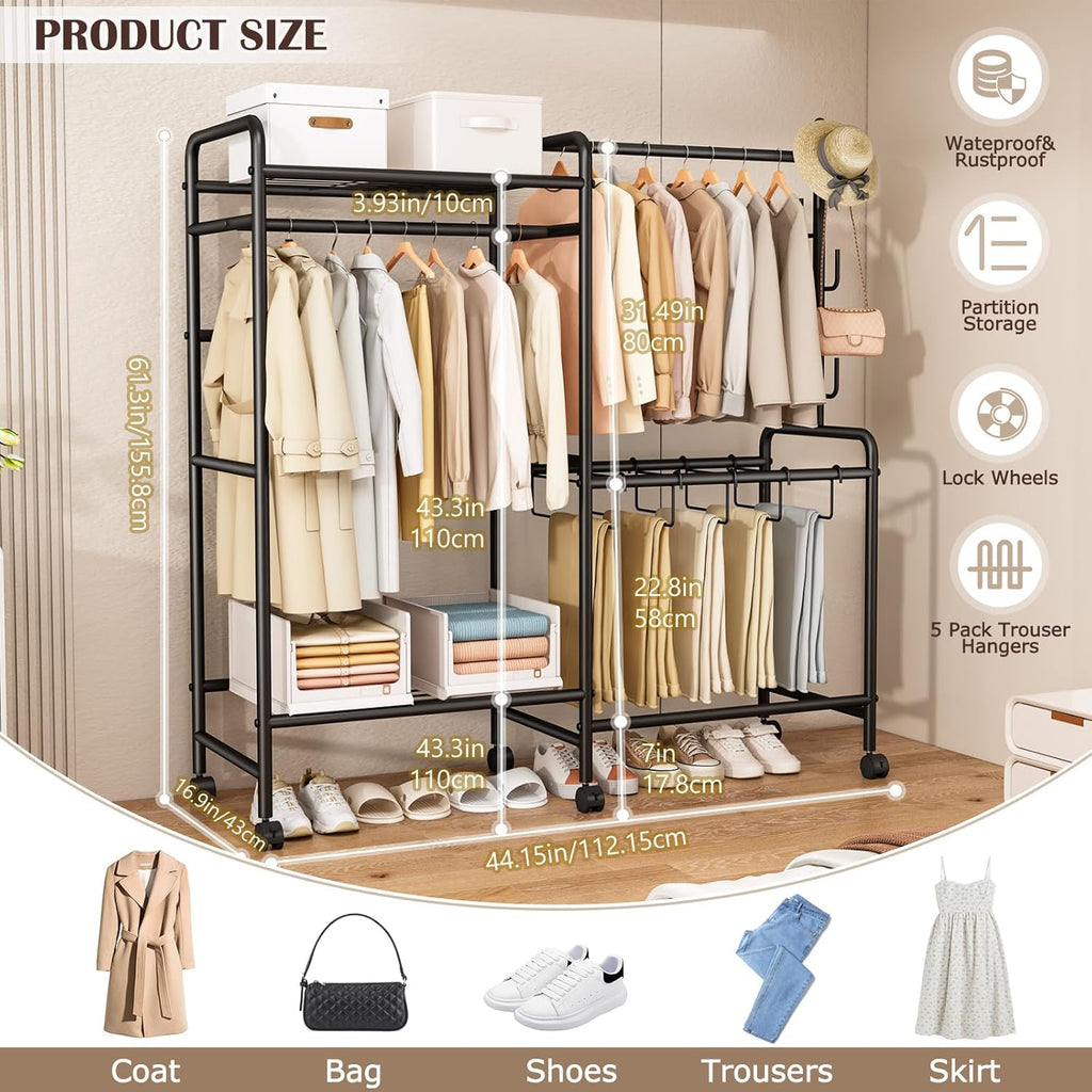 Heavy Duty Clothes Rail with Wheels, 125KG Metal Clothing Rack with Trouser Rack, Top Shelf, 4 Hooks & 5 Trouser Hangers, Sturdy Wardrobe Clothes Rail for Bedroom Hallway Shop, Black