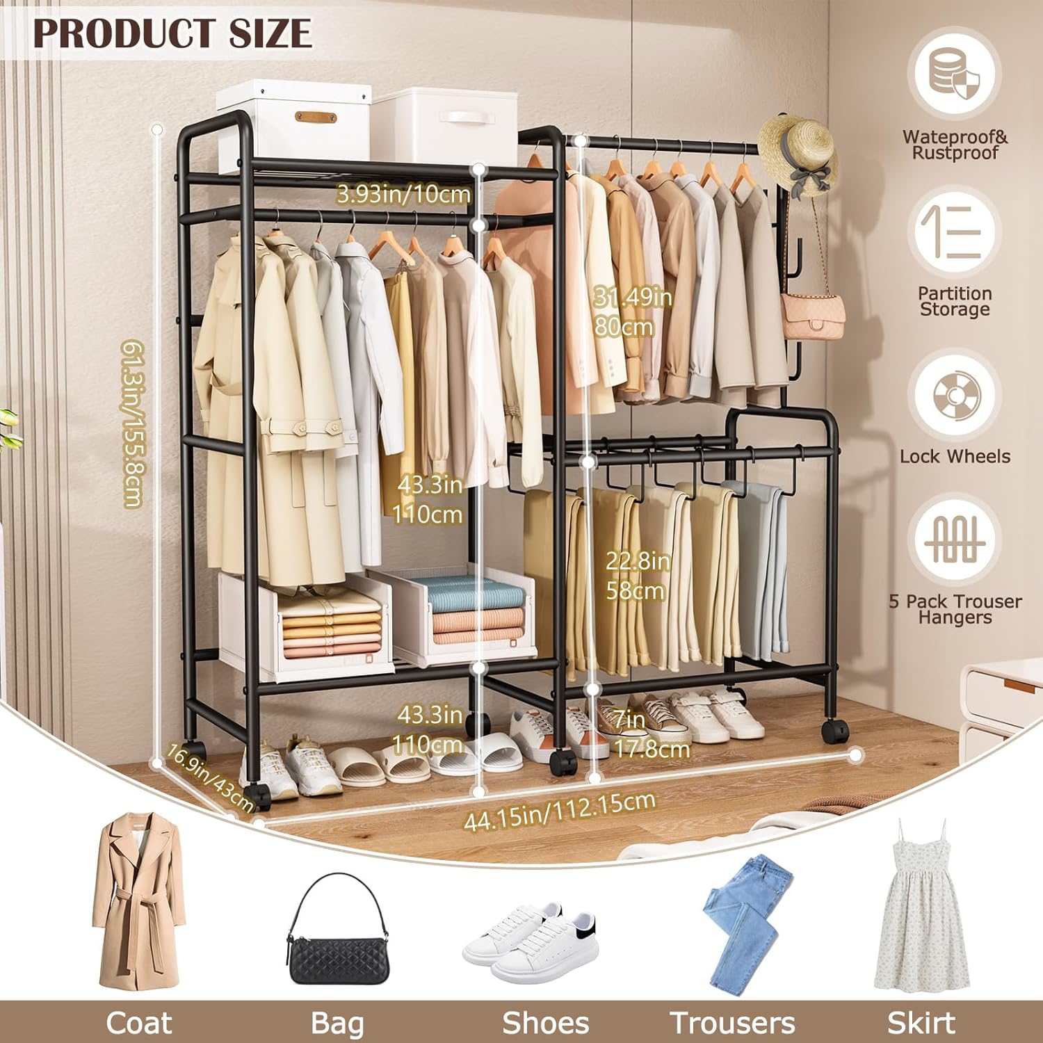 Heavy Duty Clothes Rail with Wheels, 125KG Metal Clothing Rack with Trouser Rack, Top Shelf, 4 Hooks & 5 Trouser Hangers, Sturdy Wardrobe Clothes Rail for Bedroom Hallway Shop, Black