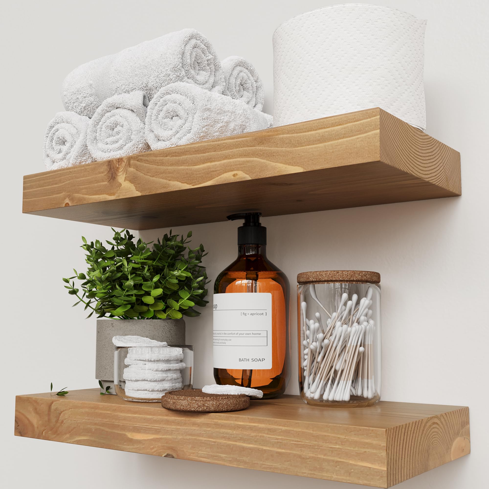 BAOBAB WORKSHOP Wood Floating Shelves for Wall Mounted, 16 inch Walnut Floating Shelf for Bathroom, Solid Wooden Wall Shelves for Kitchen Bedroom Farmhouse, Walnut Finish, 16 x 6.7, Set of 2