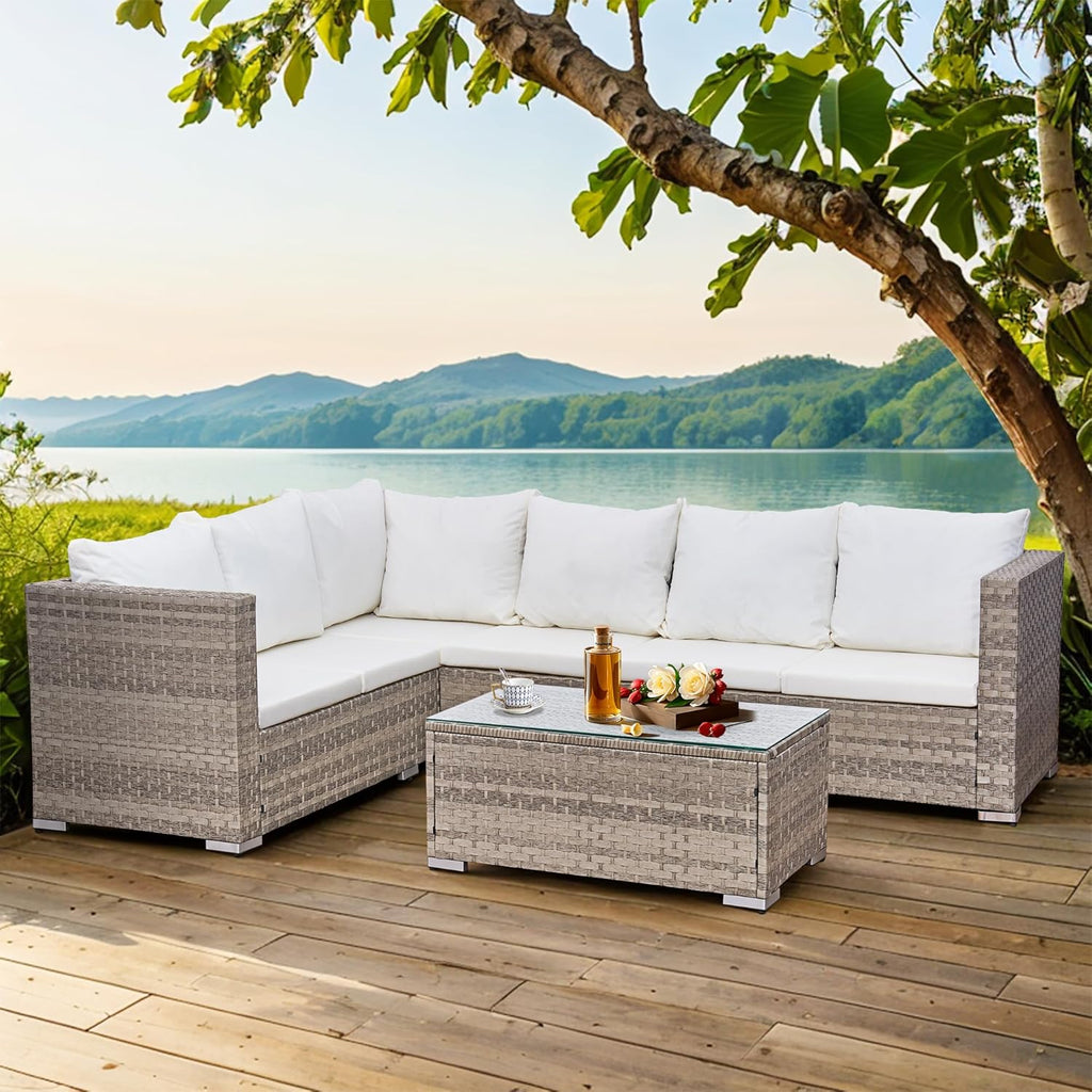 Aweather 6 Seater Rattan Corner Sofa Set Rattan Garden Furniture Set with Modern Glass Coffee Table and Washable Cushions (Cream)