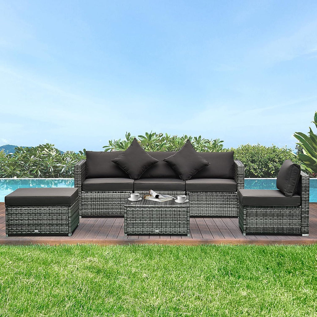 Outsunny 6 Pieces Rattan Garden Furniture Set, 5 Seater Sectional Garden Corner Sofa Set with Glass Top Coffee Table, Cushions and Pillows, All-Weather Wicker Conversation Furniture, Grey