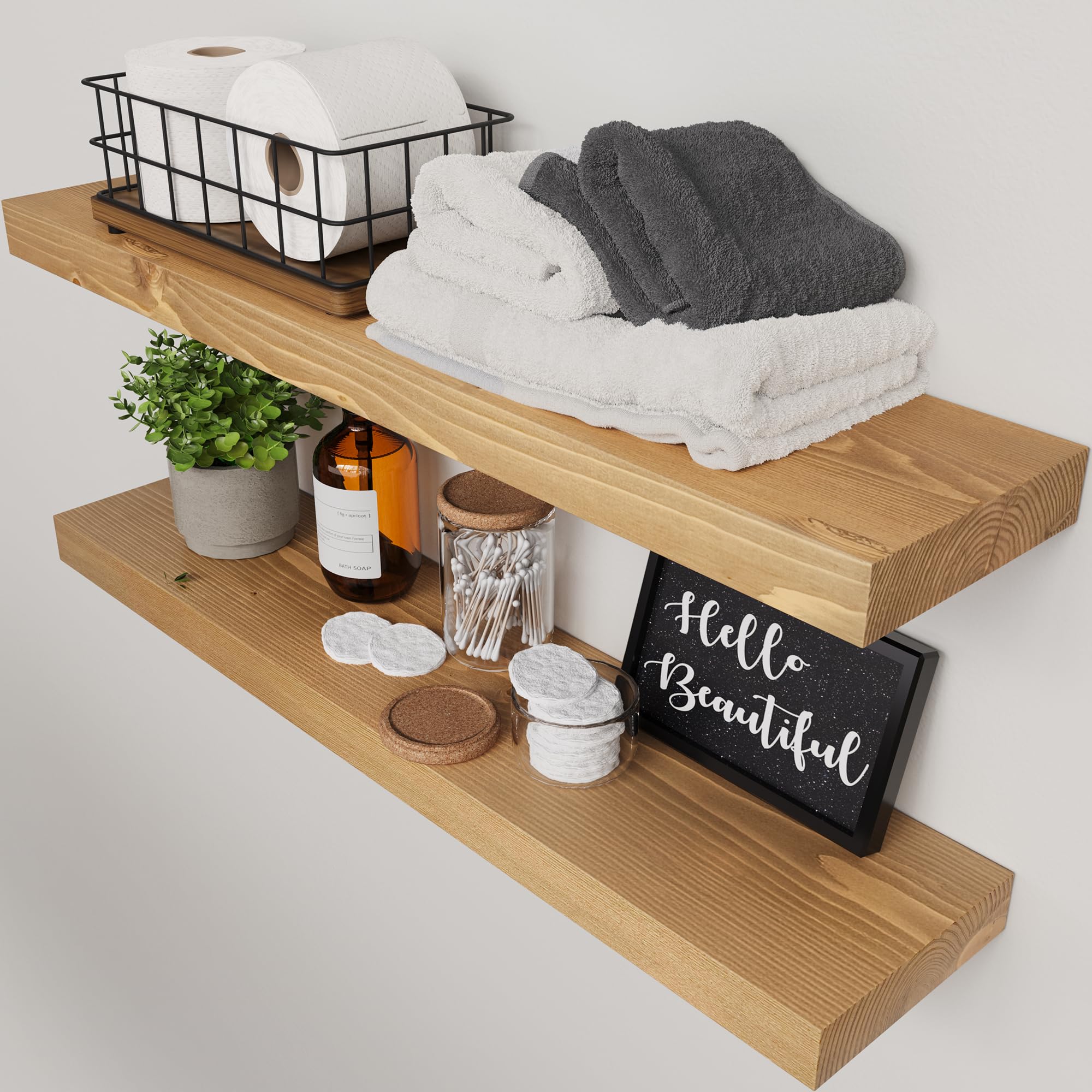 BAOBAB WORKSHOP Wood Floating Shelves for Wall Mounted, 16 inch Walnut Floating Shelf for Bathroom, Solid Wooden Wall Shelves for Kitchen Bedroom Farmhouse, Walnut Finish, 16 x 6.7, Set of 2