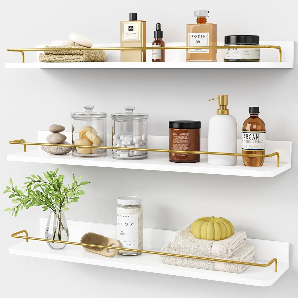 24 Inch White & Gold Floating Shelves, Set of 3 Wall Mount Shelves with Rail for Bathroom Bedroom Living Room