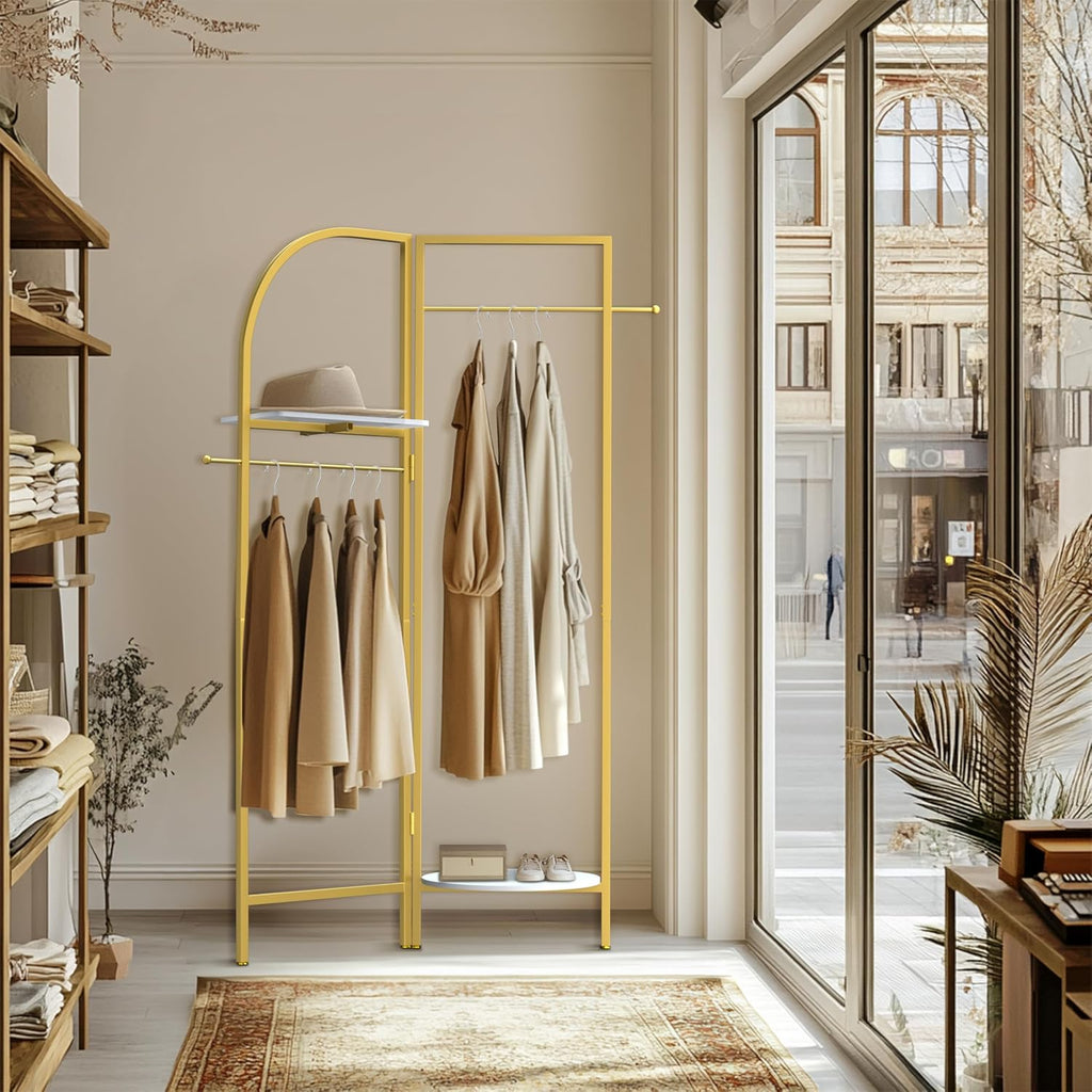 unho Gold Corner Coat Stand with Shelves, Adjustable 90°- 180° Folding Metal Clothes Rack with Hooks & Marble Shelves for Hallway Bedroom Living Room