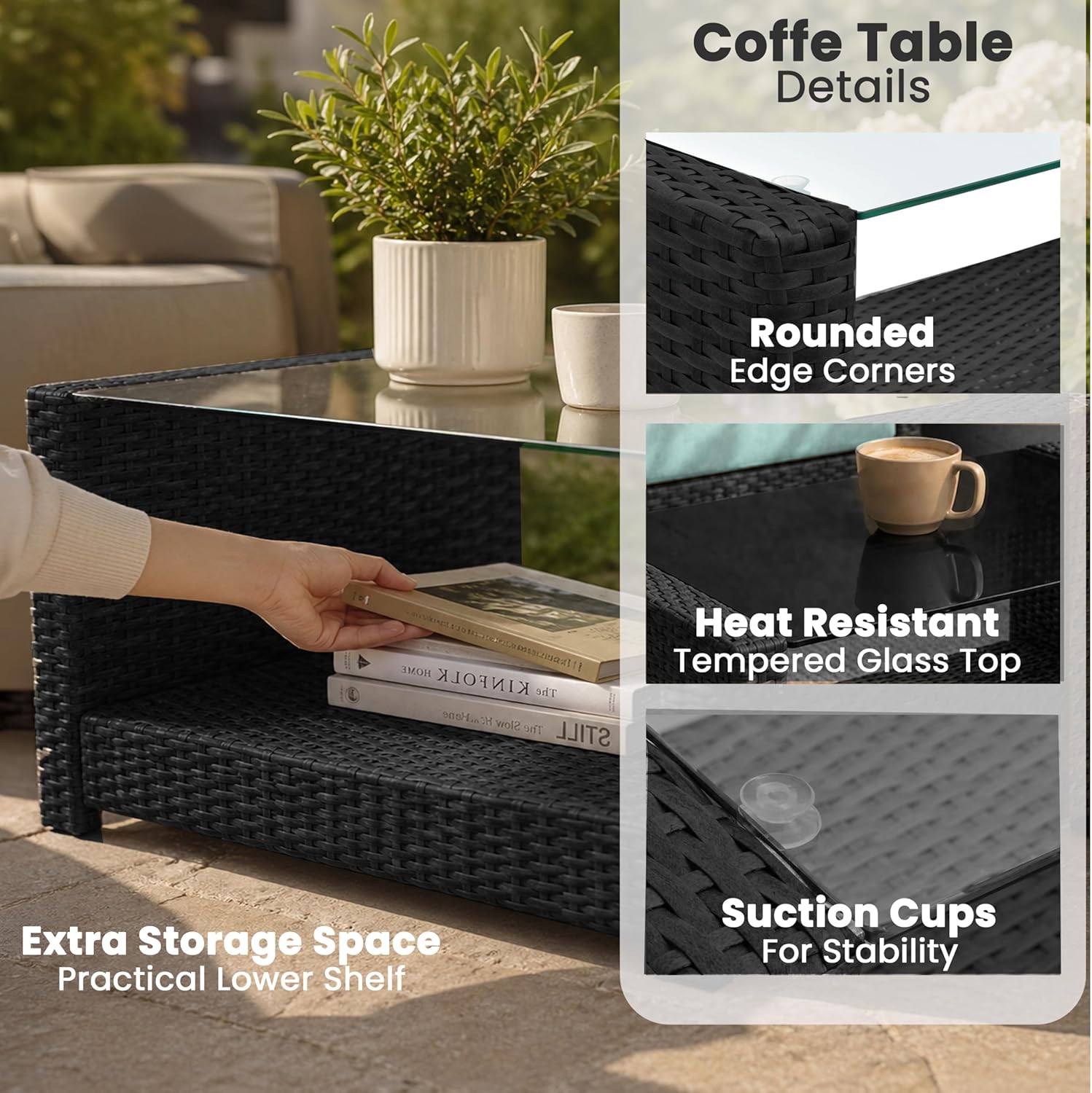 EVRE 4 Seater Rattan Garden Conservatory Patio Furniture Sofa Armchair Roma Set with Glass Top Coffee Table Wicker Weave Sofa and Cushions (Black)
