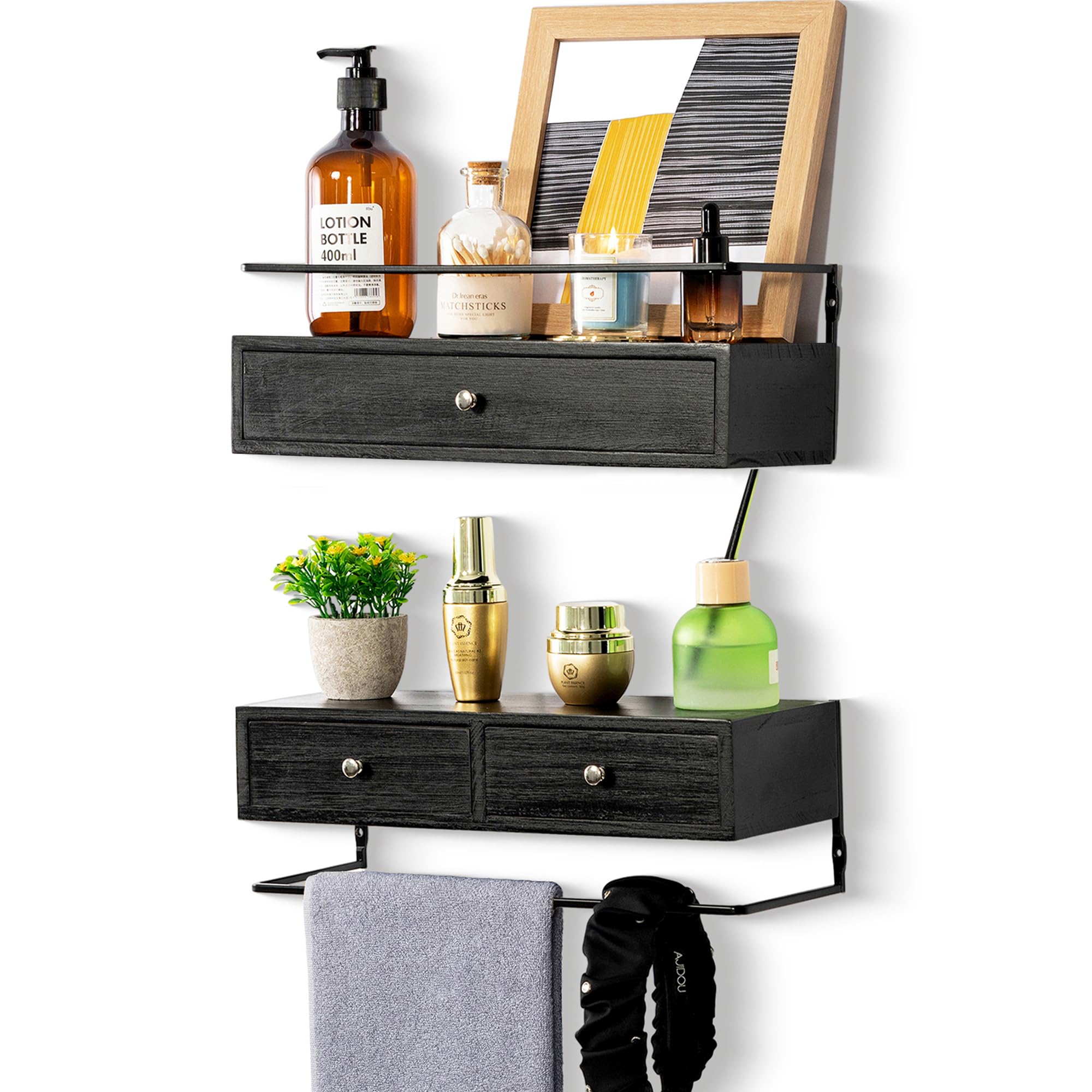 Dreampossible Floating Shelves With Drawers Set of 2 - Wall Mounted Storage for Bathroom, Living Room, Kitchen - Rustic Wood Wall Decor for Plants, Books