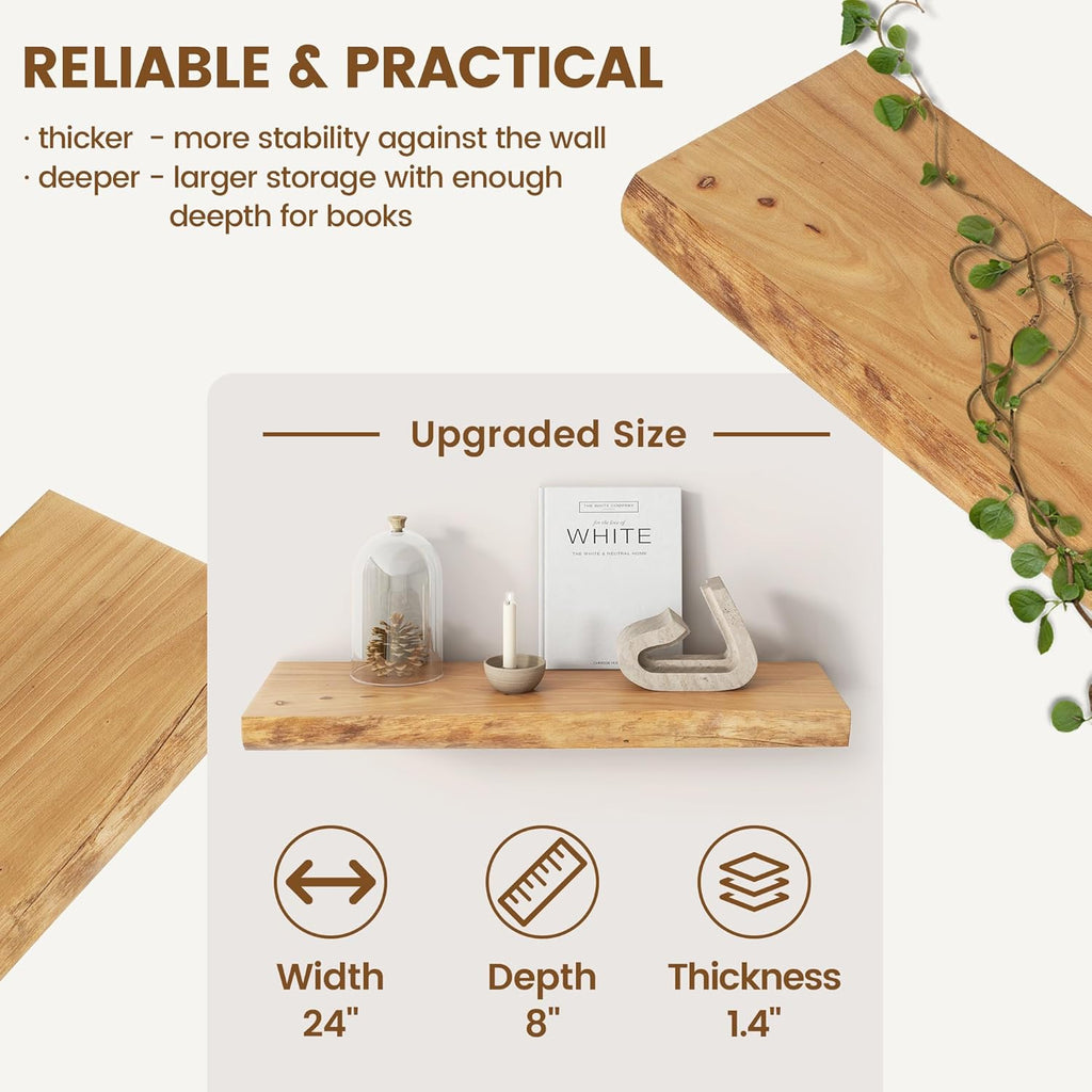 Live Edge Floating Shelves for Wall Decor, Solid Elm Wood Floating Shelves Wall Mounted, Rustic Wall Shelves with Invisible Bracket for Living Room Bathroom Bedroom Kitchen, 24 Inch Set of 2, Natural