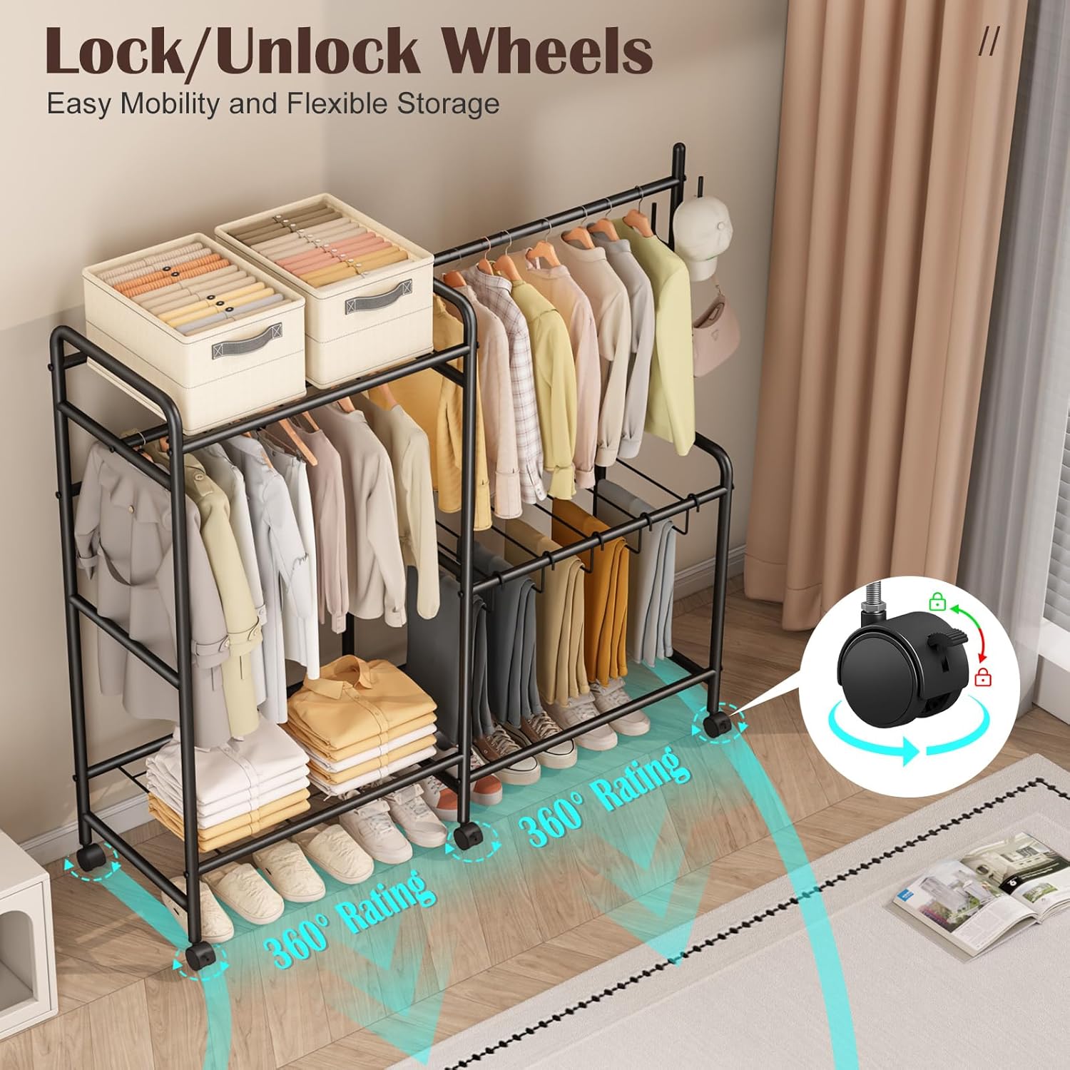 Heavy Duty Clothes Rail with Wheels, 125KG Metal Clothing Rack with Trouser Rack, Top Shelf, 4 Hooks & 5 Trouser Hangers, Sturdy Wardrobe Clothes Rail for Bedroom Hallway Shop, Black