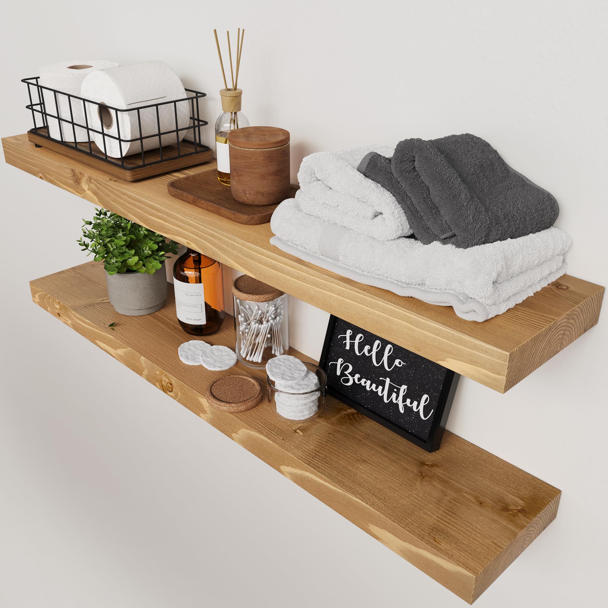 BAOBAB WORKSHOP Wood Floating Shelves for Wall Mounted, 16 inch Walnut Floating Shelf for Bathroom, Solid Wooden Wall Shelves for Kitchen Bedroom Farmhouse, Walnut Finish, 16 x 6.7, Set of 2