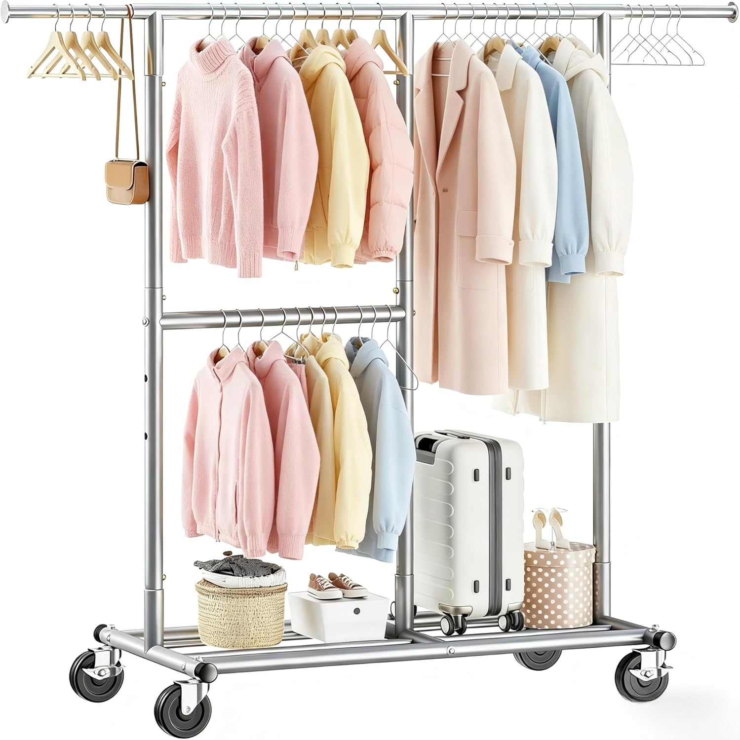 REIBII Double Rod Clothes Rail with Lockable Wheels & Adjustable Shelf – 136kg Heavy Duty Hanging Rack for Clothes– Telescopic Extends to 175cm – Space-Saving Storage for Bedroom, University Dorm