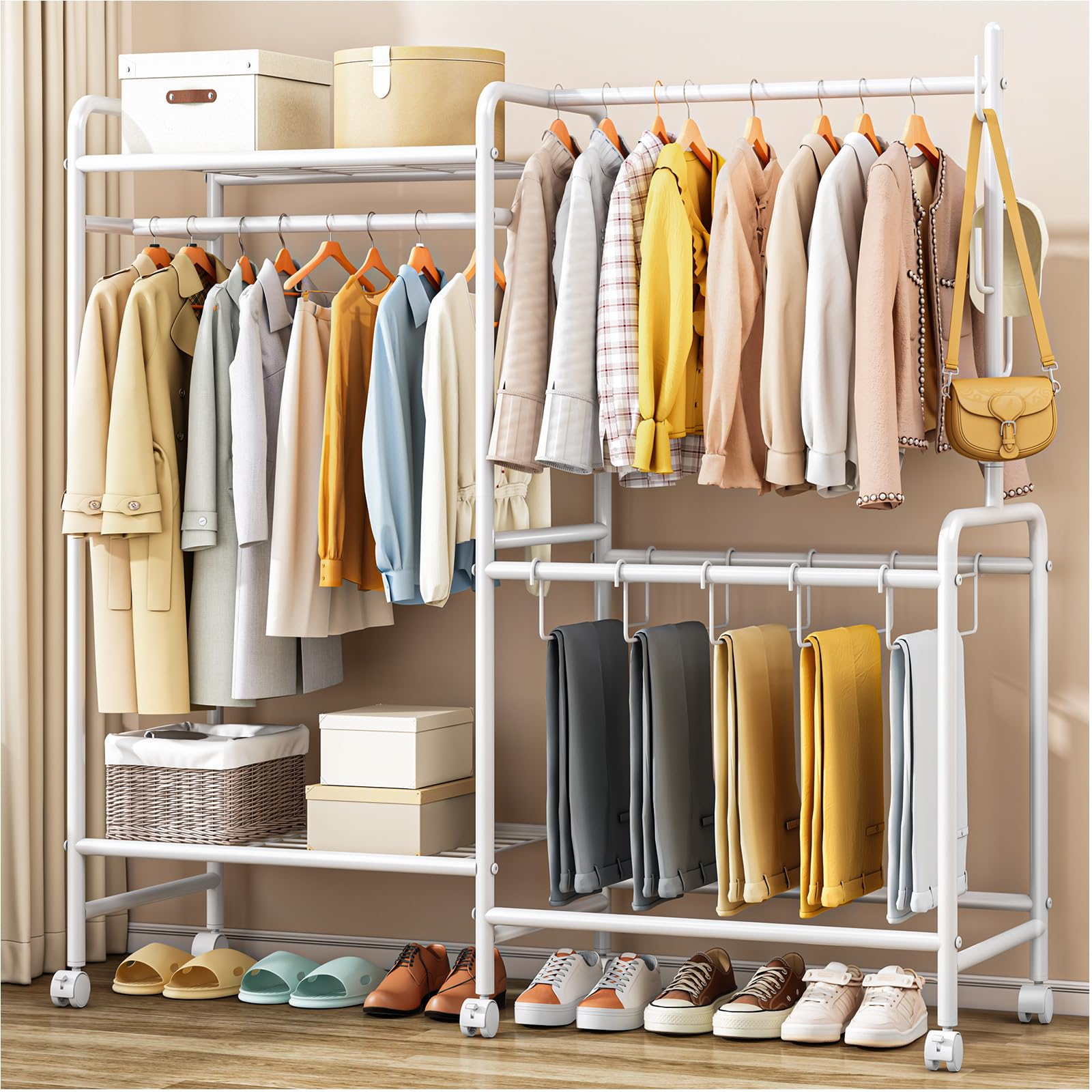 Heavy Duty Clothes Rail with Wheels, 125KG Metal Clothing Rack with Trouser Rack, Top Shelf, 4 Hooks & 5 Trouser Hangers, Sturdy Wardrobe Clothes Rail for Bedroom Hallway Shop, Black