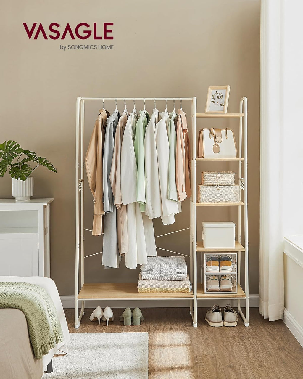 VASAGLE Clothes Rail, Clothes Rack with Shoe Shelf, 5-Tier Storage Rack, 6 Side Hooks, for Bedroom, Living Room, Natural Oak and White RGR116W09