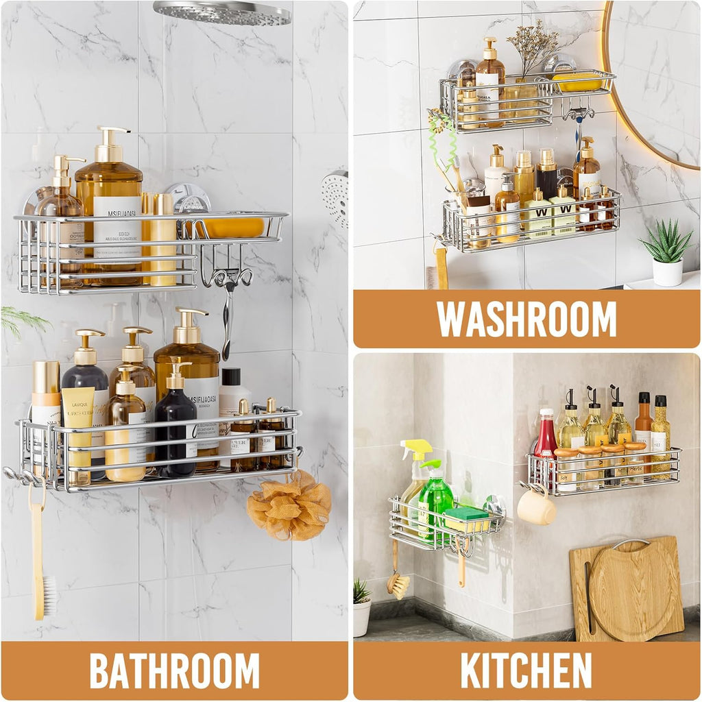 LEVERLOC Shower Caddy Suction Cup, 2 Pack Shower Shelves for Inside Shower with Hooks & Soap Holder, NO-Drilling Bathroom Shower Organizer, Rustproof Meatl Shower Holder Storage, Silver