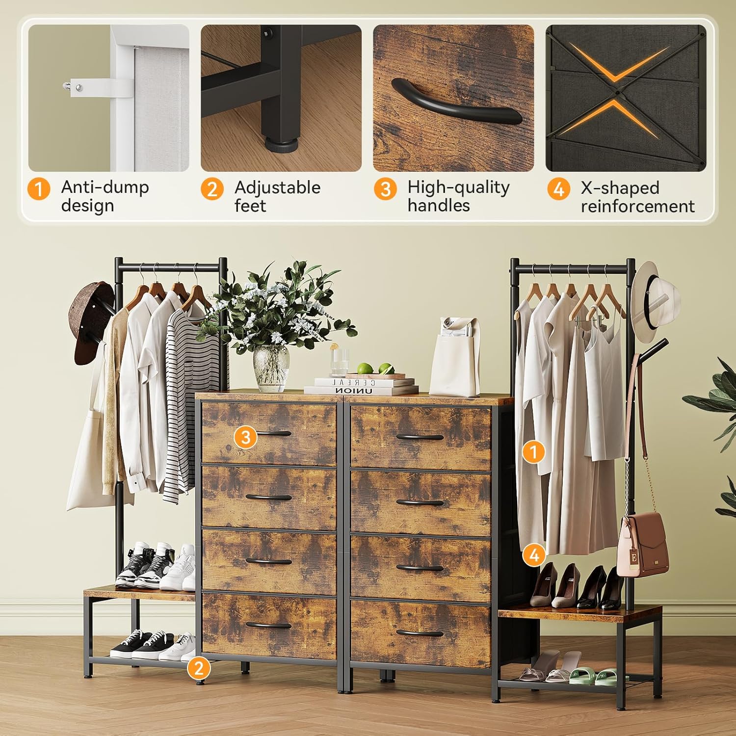 ODK 3 in 1 Chest of Drawers Bedroom, Including 4 Fabric Drawers, with a Sturdy Clothes Rail and 2 Coat Hooks, Double-layer Shoe Rack at the Bottom, Suitable for Bedroom and Entryway, Retro color