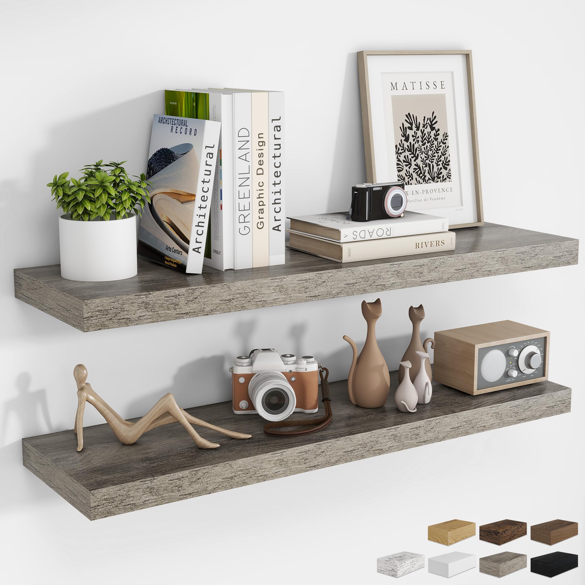 RICHFOCUS 24Inch Floating Shelves for Wall 2 Pack Shelves for Bedroom|Kitchen|Bathroom Wall Mounted Rustic Wood Floating Shelf with Invisible Brackets for Books|Storage|Decor, Oak