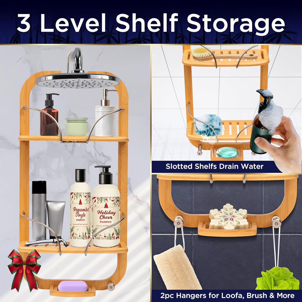 SereneLife Bamboo Hanging Shower Caddy with 3 Tiers, Anti-Slip Design, Bathroom Storage Organizer for Shampoo, Soaps, and Essentials - Space-Saving and Easy to Clean