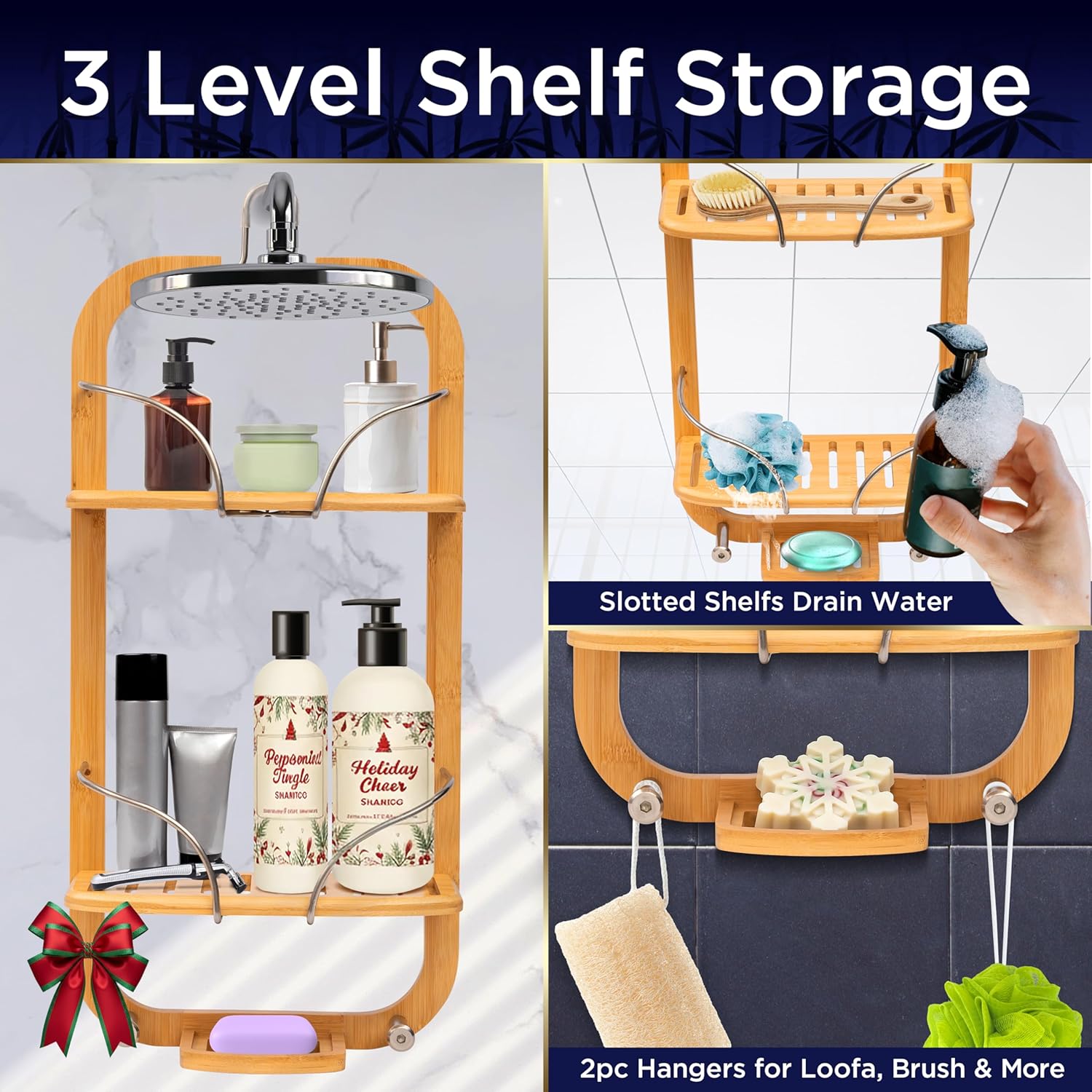 SereneLife Bamboo Hanging Shower Caddy with 3 Tiers, Anti-Slip Design, Bathroom Storage Organizer for Shampoo, Soaps, and Essentials - Space-Saving and Easy to Clean