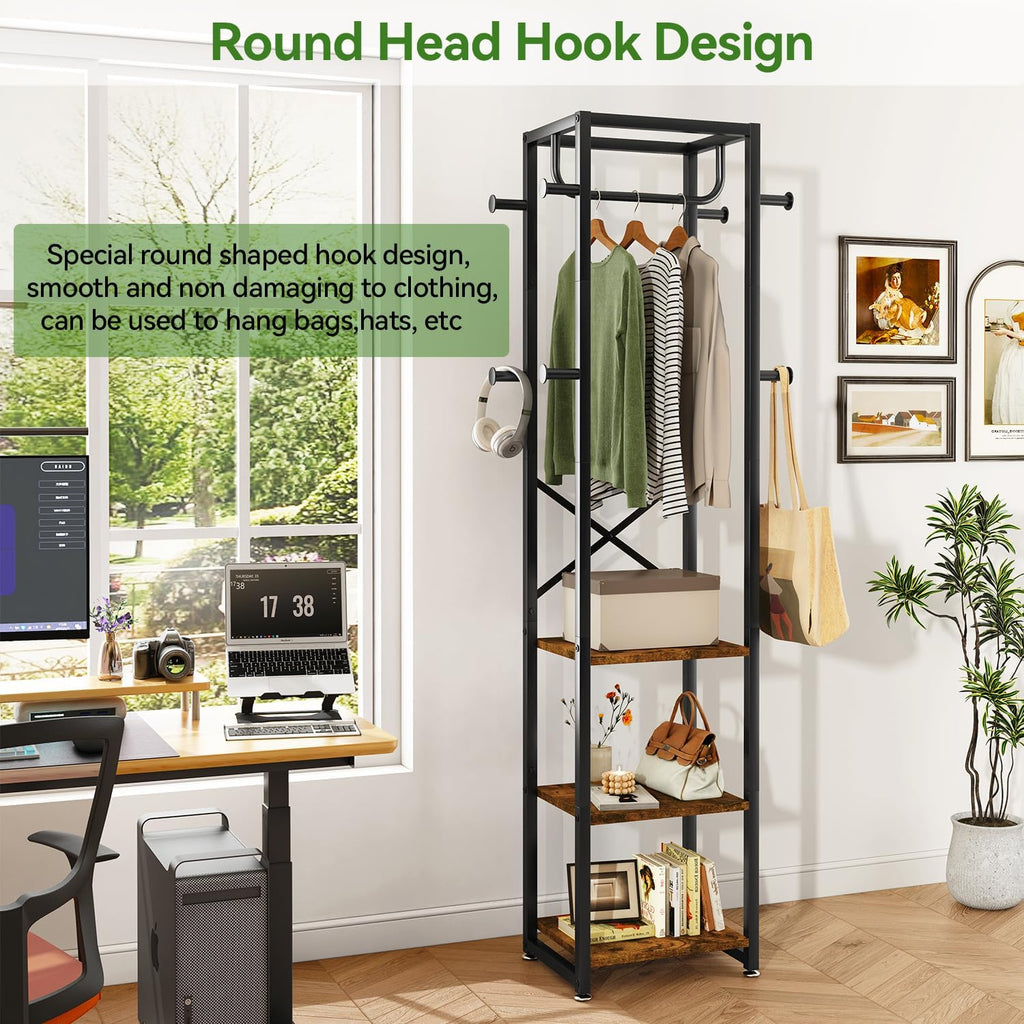 IBUYKE Coat Rack, Freestanding Coat Stand with 3 Shelves and 8 Hooks, Industrial Clothes Stand for Entryway, Hallway, Bedroom, 180 x 40 x 30 cm, Rustic Brown TMJ088H