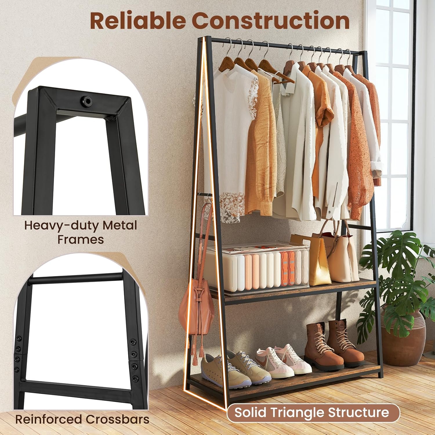 COSTWAY Clothes Rail, Freestanding Garment Rack Clothes Stand with Hanging Rail, 2 Storage Shelves and 4 Hooks, Heavy-duty Metal Frame Clothing Rack Coat Hanger for Bedroom Closet (Black+Rustic Brown)