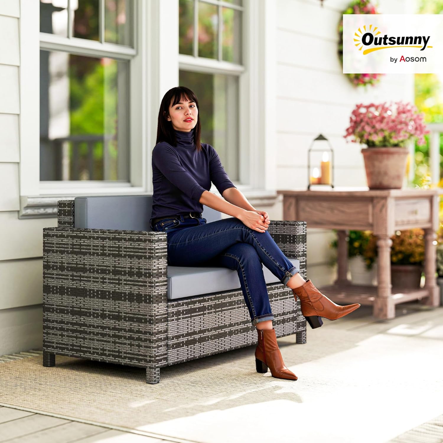 Outsunny Rattan Sofa, 2 Seater Garden Furniture with Soft Padded Cushion and Armrests, Wicker Garden Loveseat for Patio, Mixed Grey