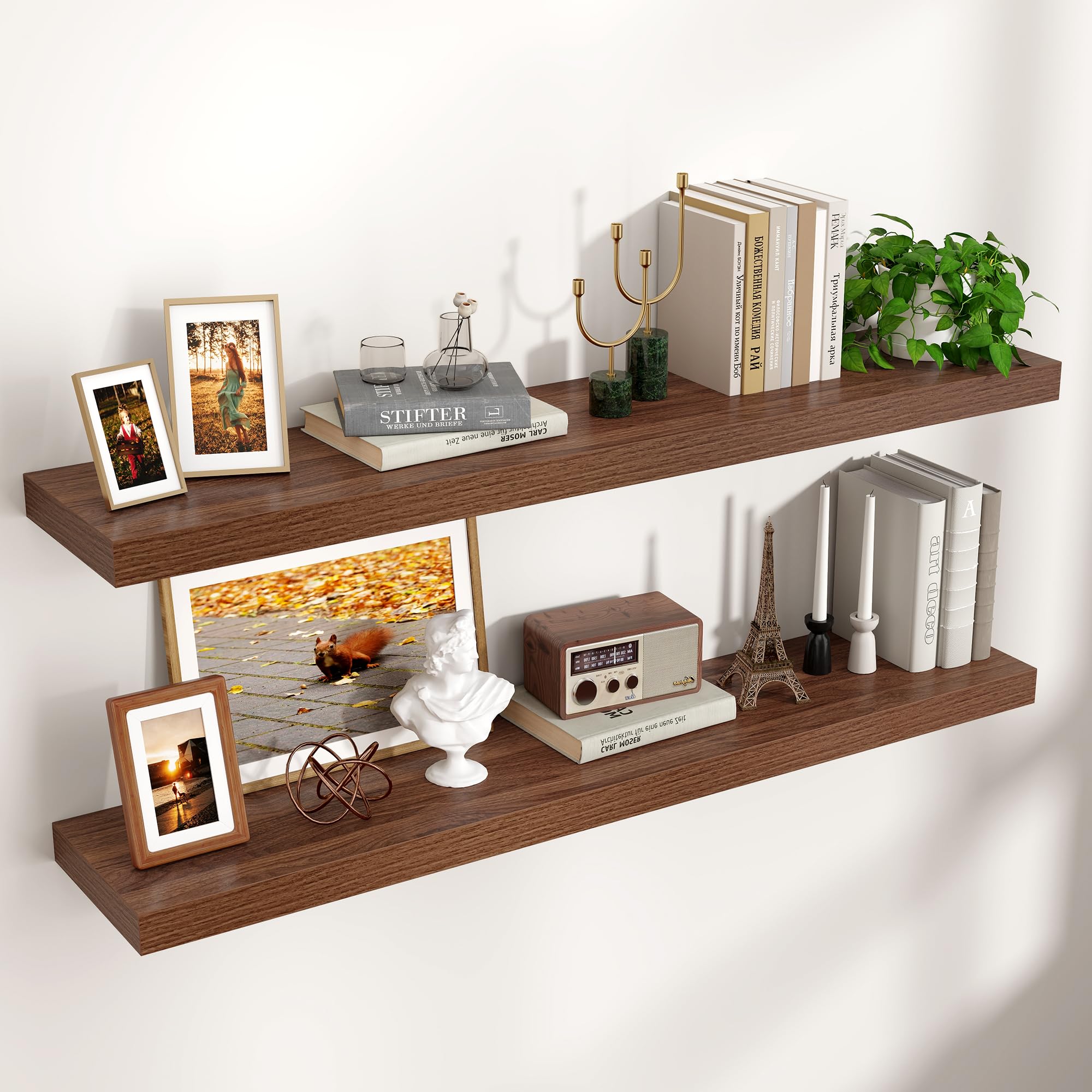 Venusmiles Floating Shelves for Wall 24 inch Long, Engineered Wood Wall Shelves with Invisible Brackets for Living Room Bedroom Bathroom Office Kitchen Decor and Storage, Oak Finish, Set of 2