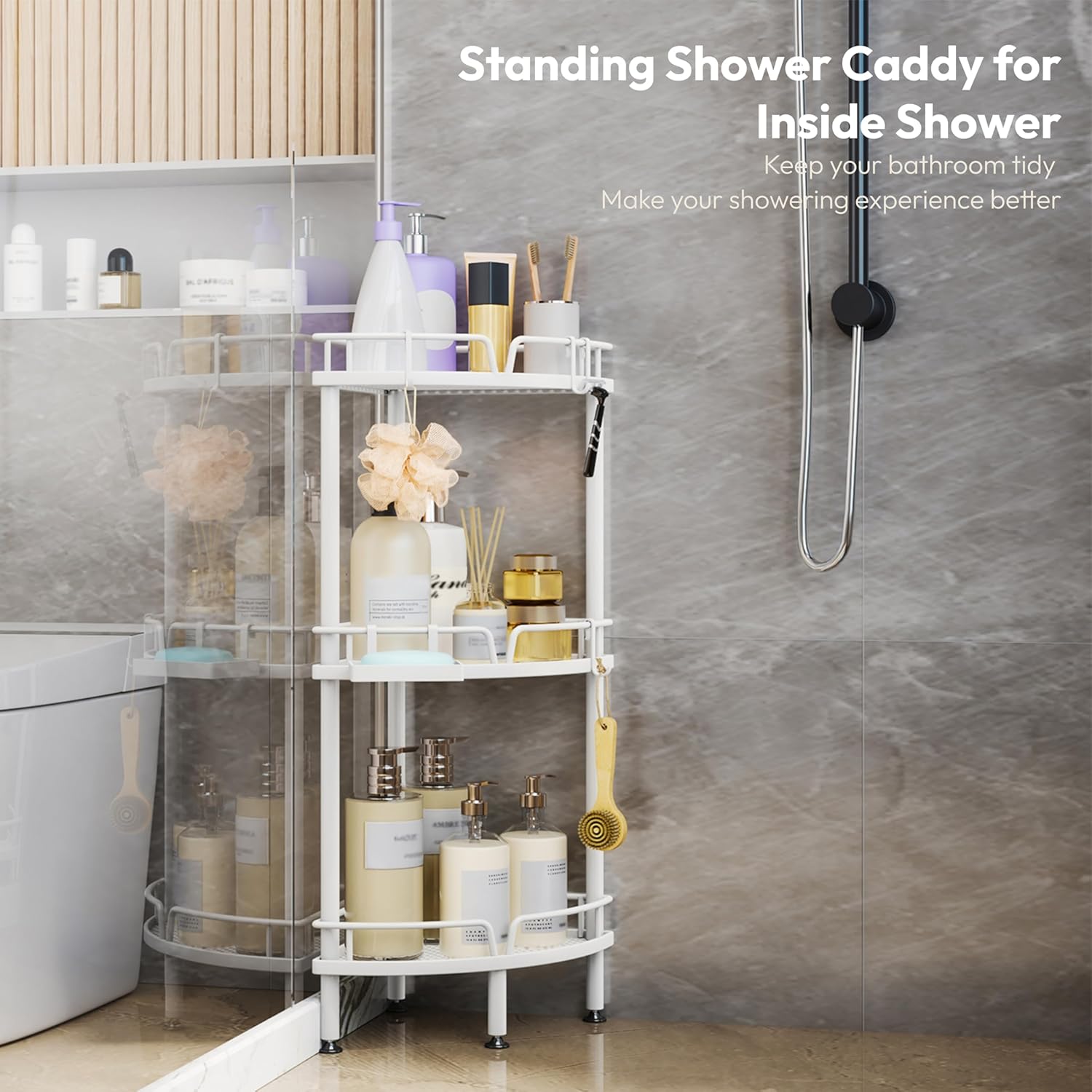 SWTYMIKI Corner Shower Caddy - 3 Tier Shower Corner Shelf Organizer with 4 Hooks, Rust-Free Freestanding Caddy with Soap Holder, Storage Rack for Bathroom, White