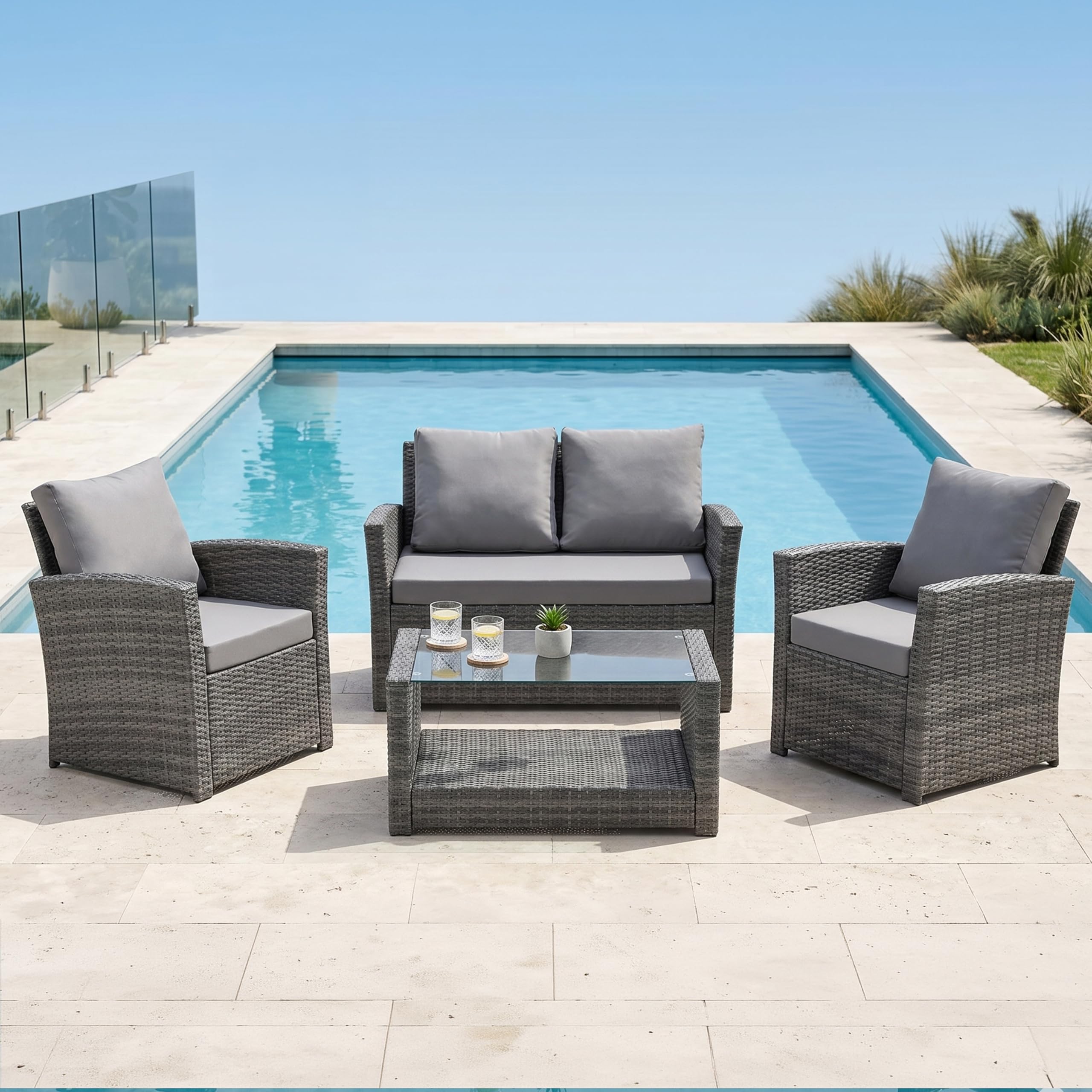 EVRE 4 Seater Rattan Garden Conservatory Patio Furniture Sofa Armchair Roma Set with Glass Top Coffee Table Wicker Weave Sofa and Cushions (Black)