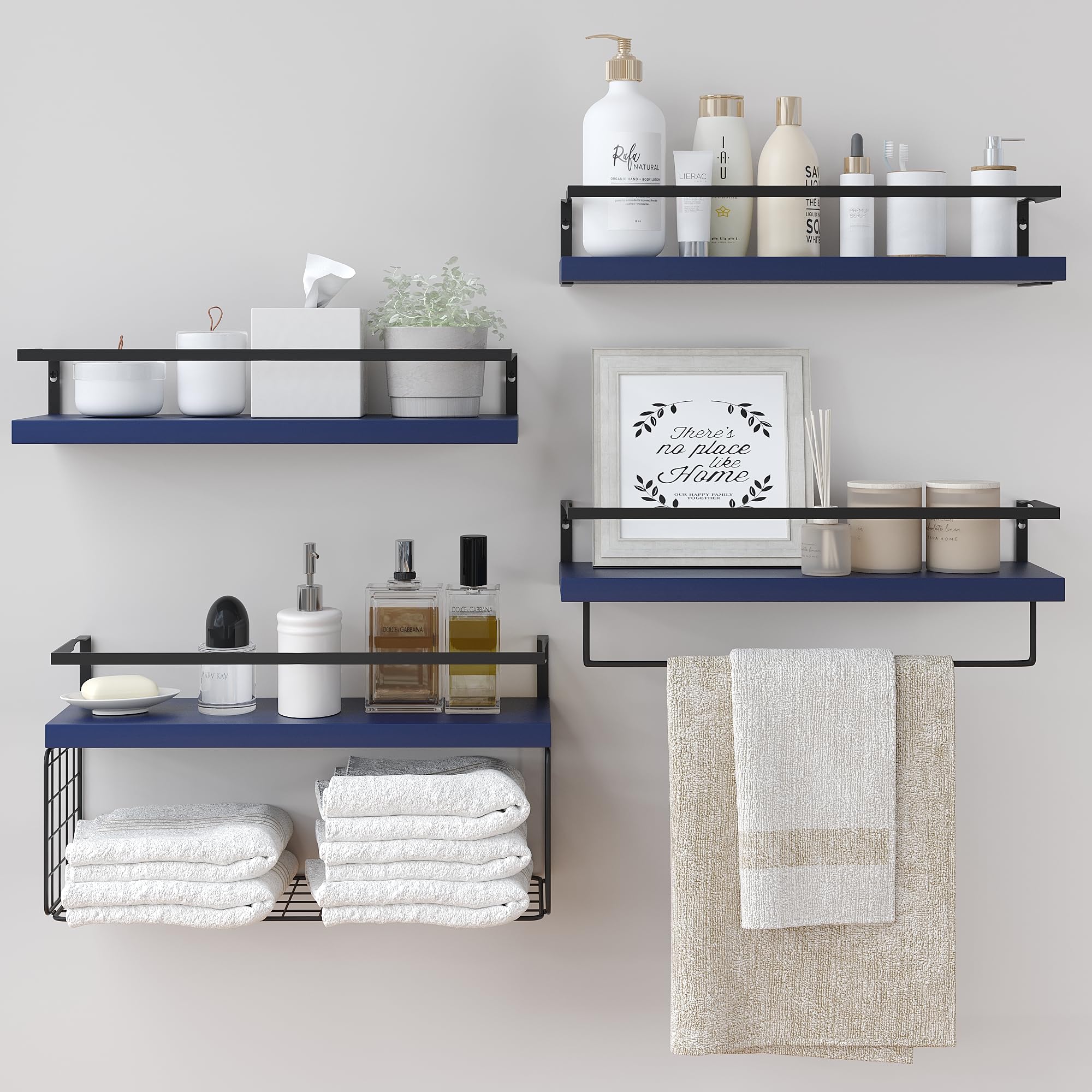 Wood Floating Shelves Wall Mounted - 4+1 Tier Rustic Bathroom Wall Shelves Over Toilet with Wire Storage Basket and Towel Bar, Set of 4 Farmhouse Floating Shelf for Bathroom, Kitchen, Bedroom.